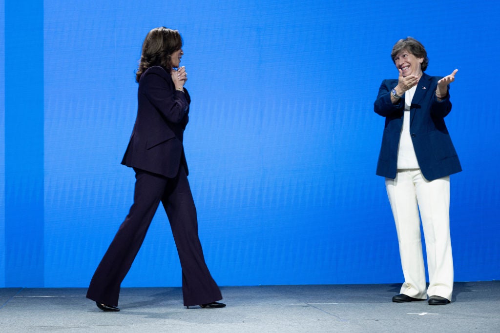 Kamala Harris is greeted onstage Thursday by American Federation of Teachers president Randi Weingarten