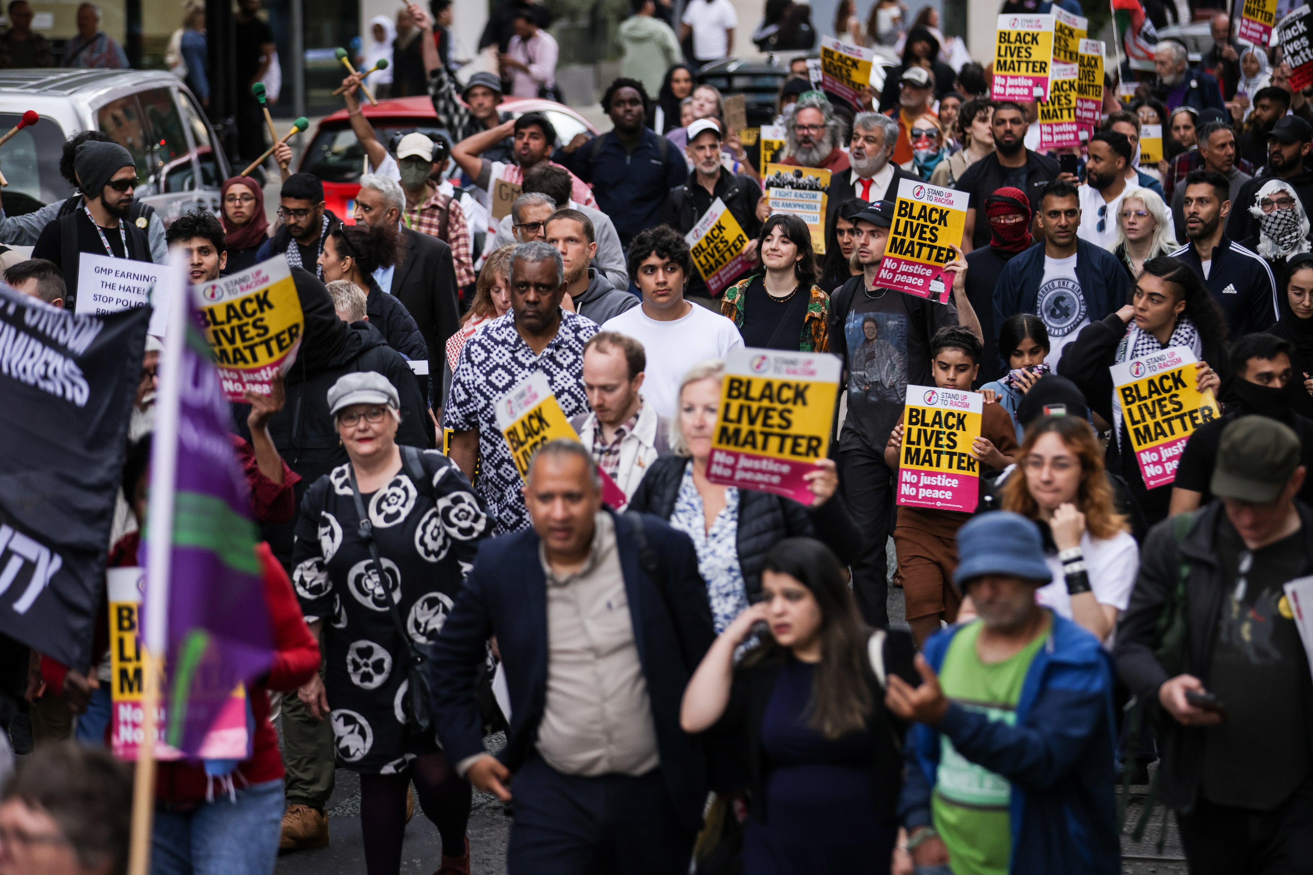 The Stand Up To Racism demonstration in Manchester on Thursday night following the incident at the city’s airport (James Speakman/PA)