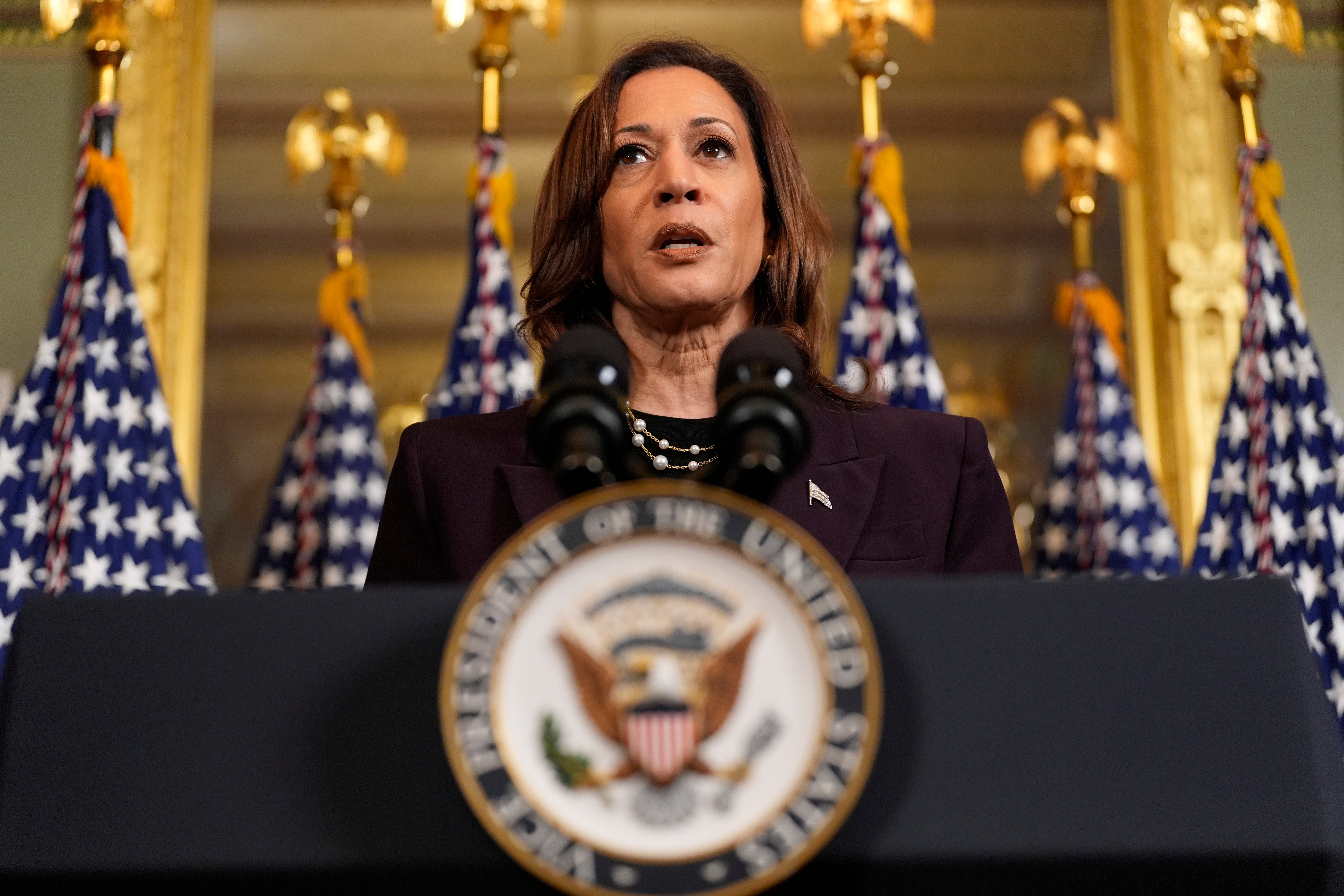 Kamala Harris speaks at the Eisenhower Executive Building in Washington, DC