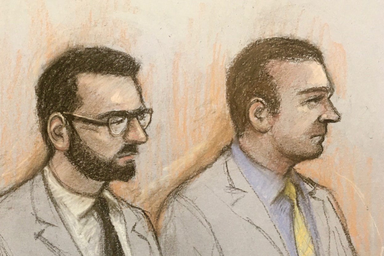 From left, former officers Jonathon Cobban and Joel Borders during their trial (Elizabeth Cook/PA)