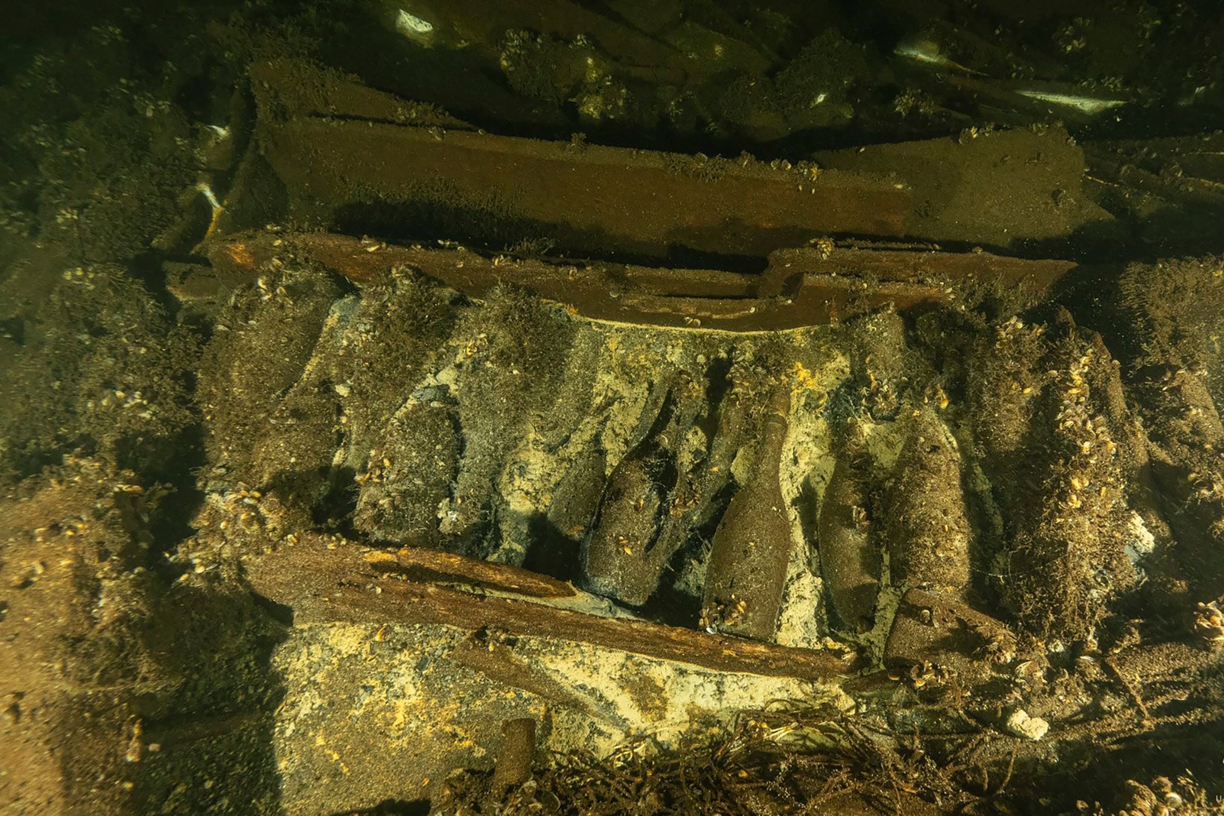 Bottles of Champagne in a 19th century sailing ship wreckage that a team of Polish divers discovered