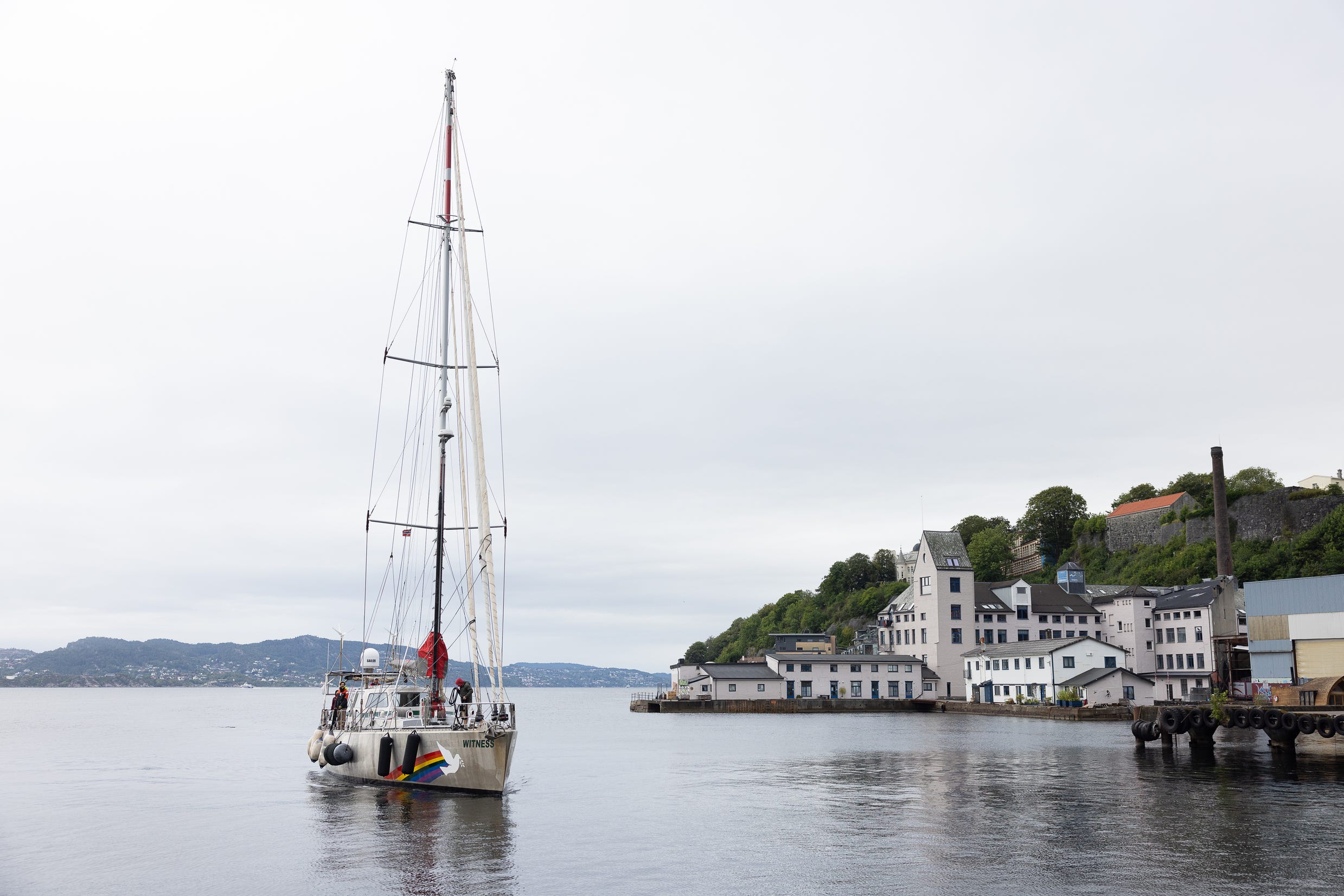 The Greenpeace ship Witness arrives at the harbour in Bergen, Norway (Daniel Muller/PA)