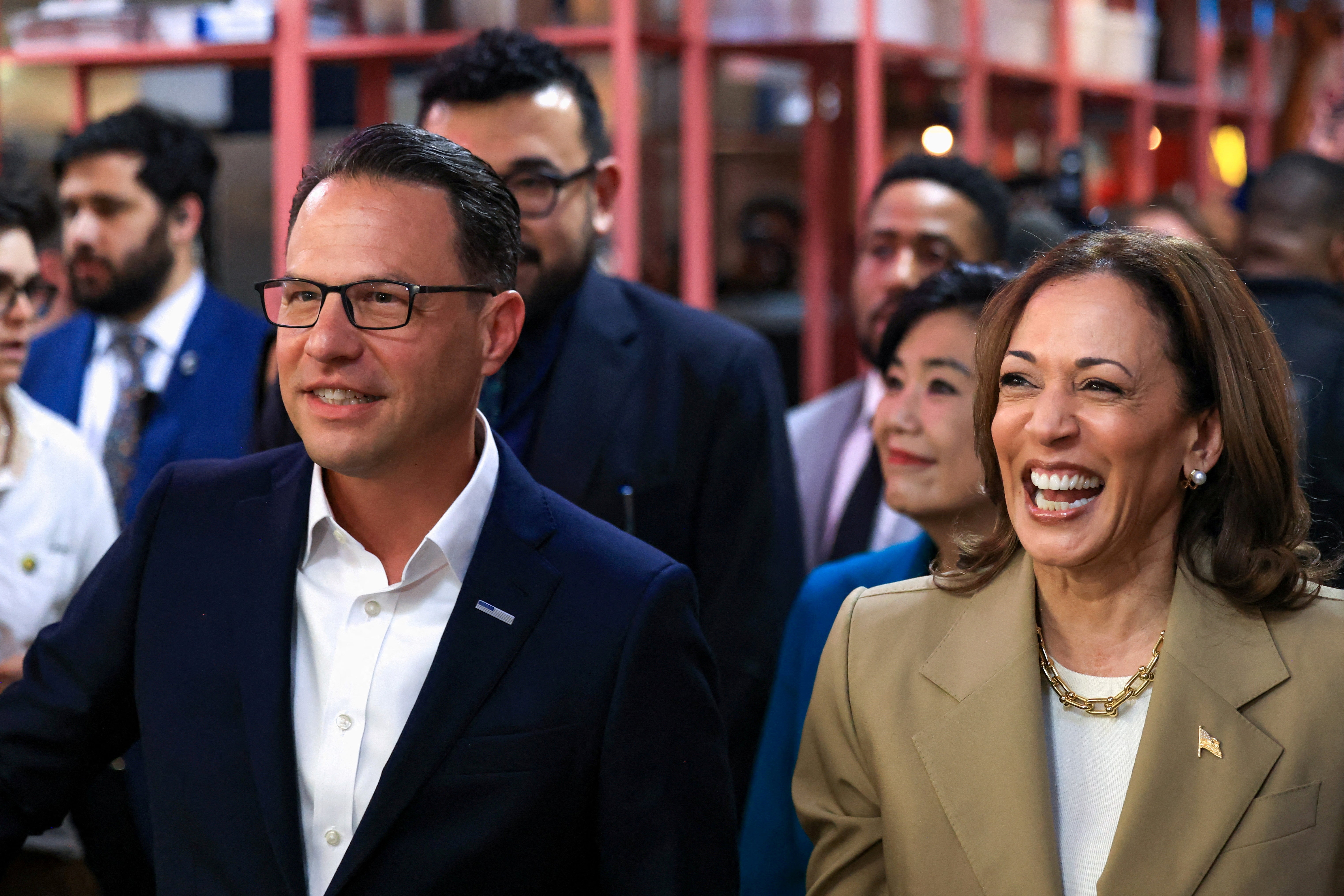 Pennsylvania Governor Josh Shapiro (left) pictured with Vice President Kamala Harris (right). Shapiro and Michigan Governor Gretchen Whitmer will campaign for the vice president on Monday