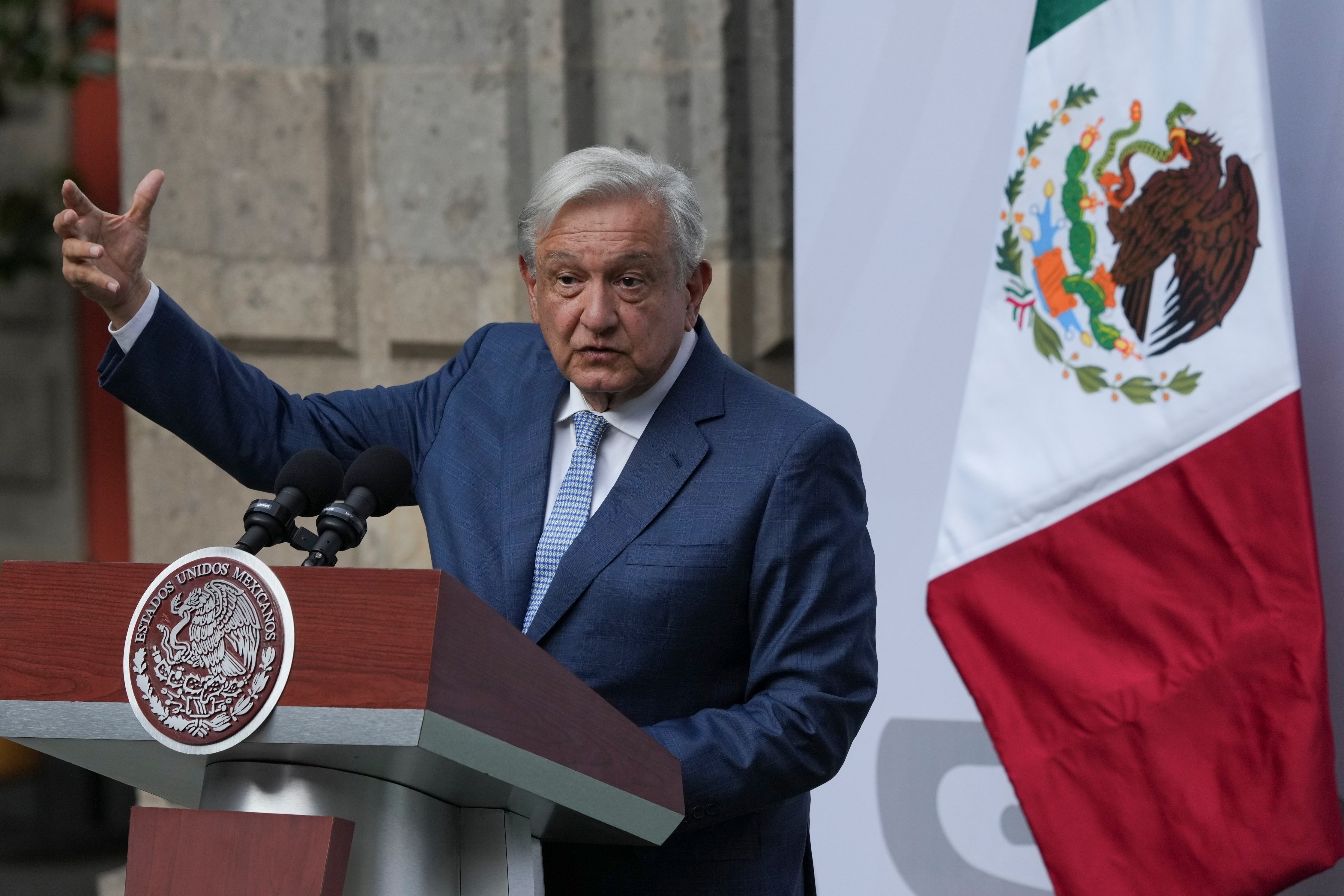 President Andrés Manuel López Obrador speaks during a flag ceremony at the National Palace in Mexico City