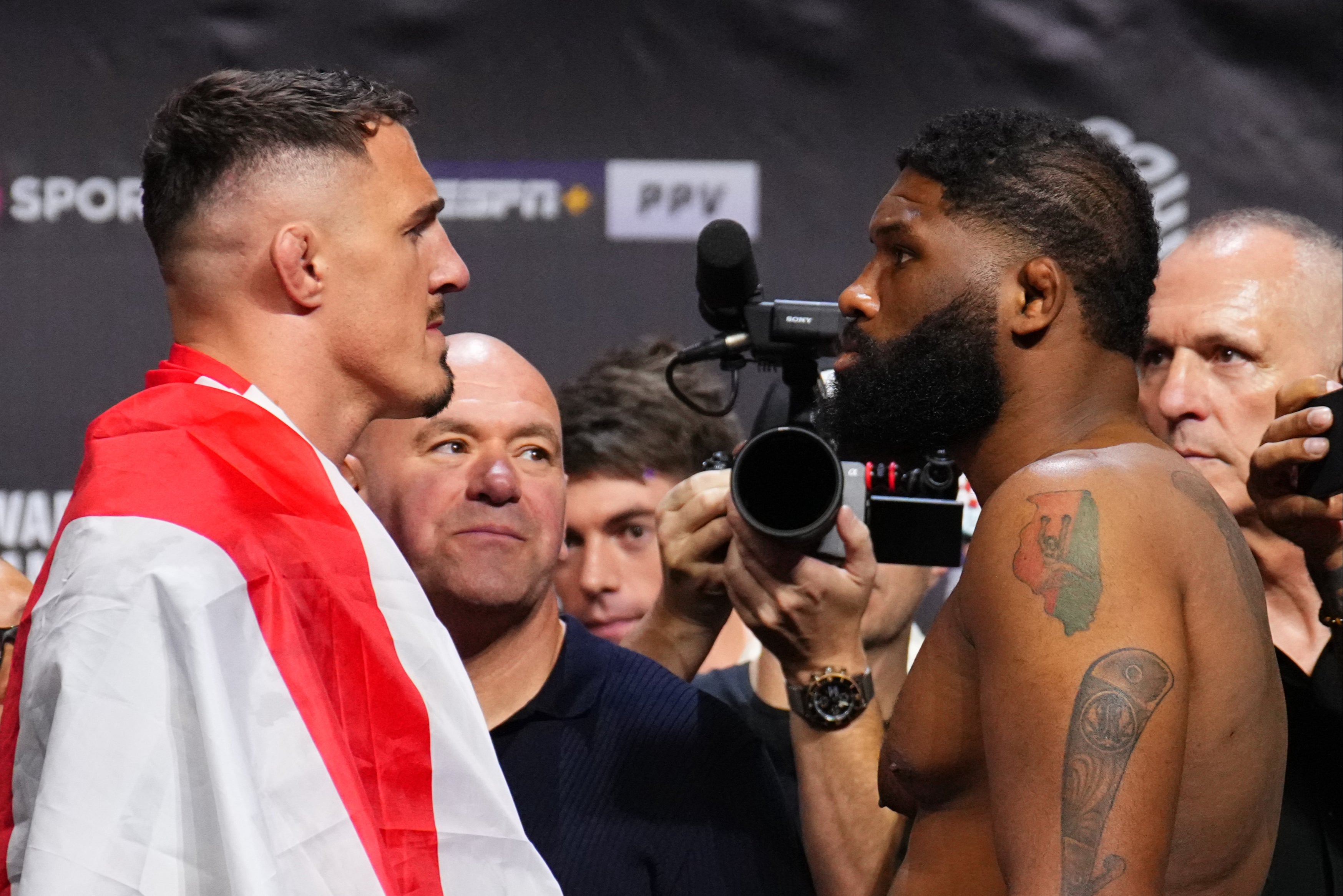 Tom Aspinall (left) will defend the interim heavyweight title against Curtis Blaydes