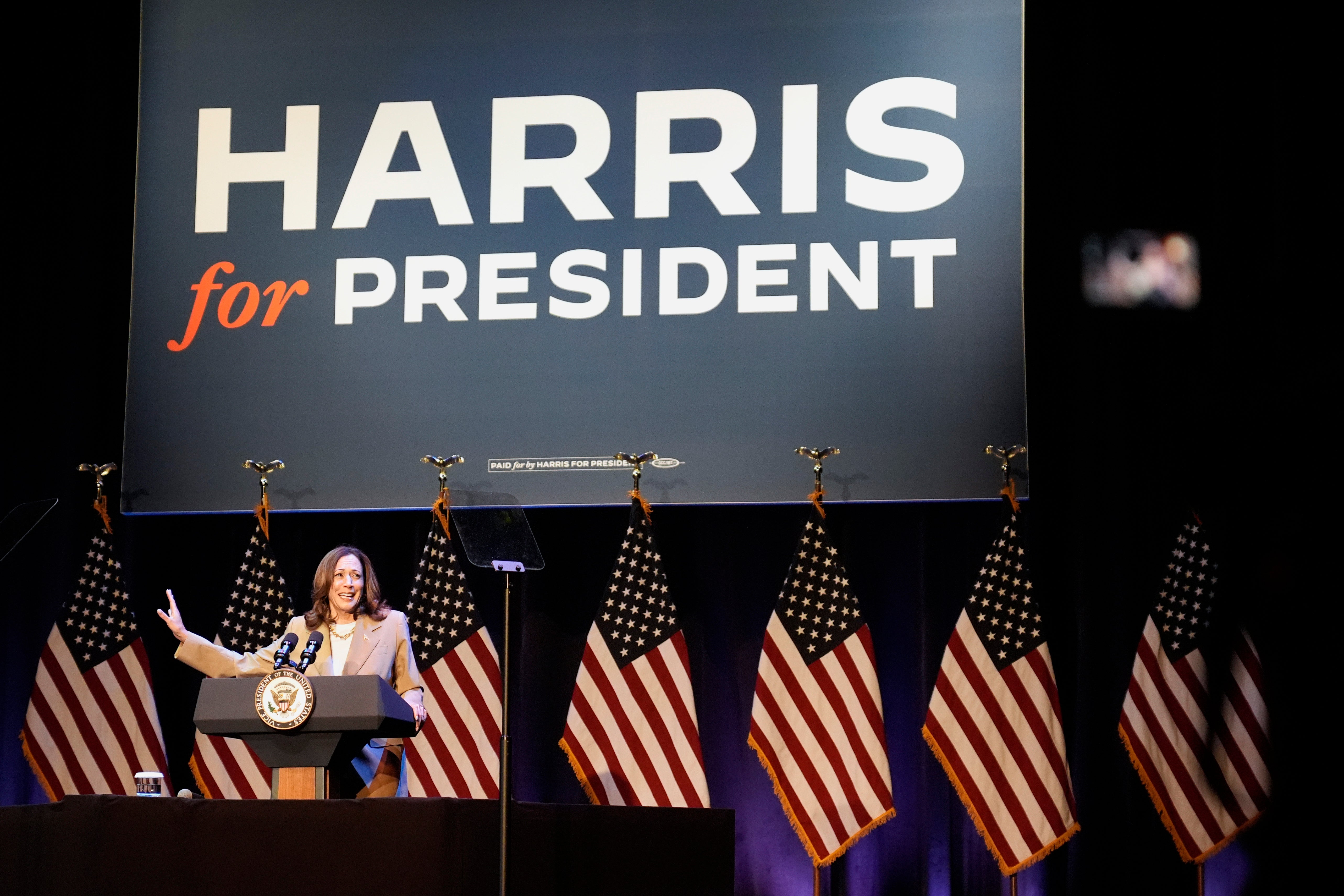 Vice President Harris speaking at the Colonial Theatre behind the Four One Three salon last month