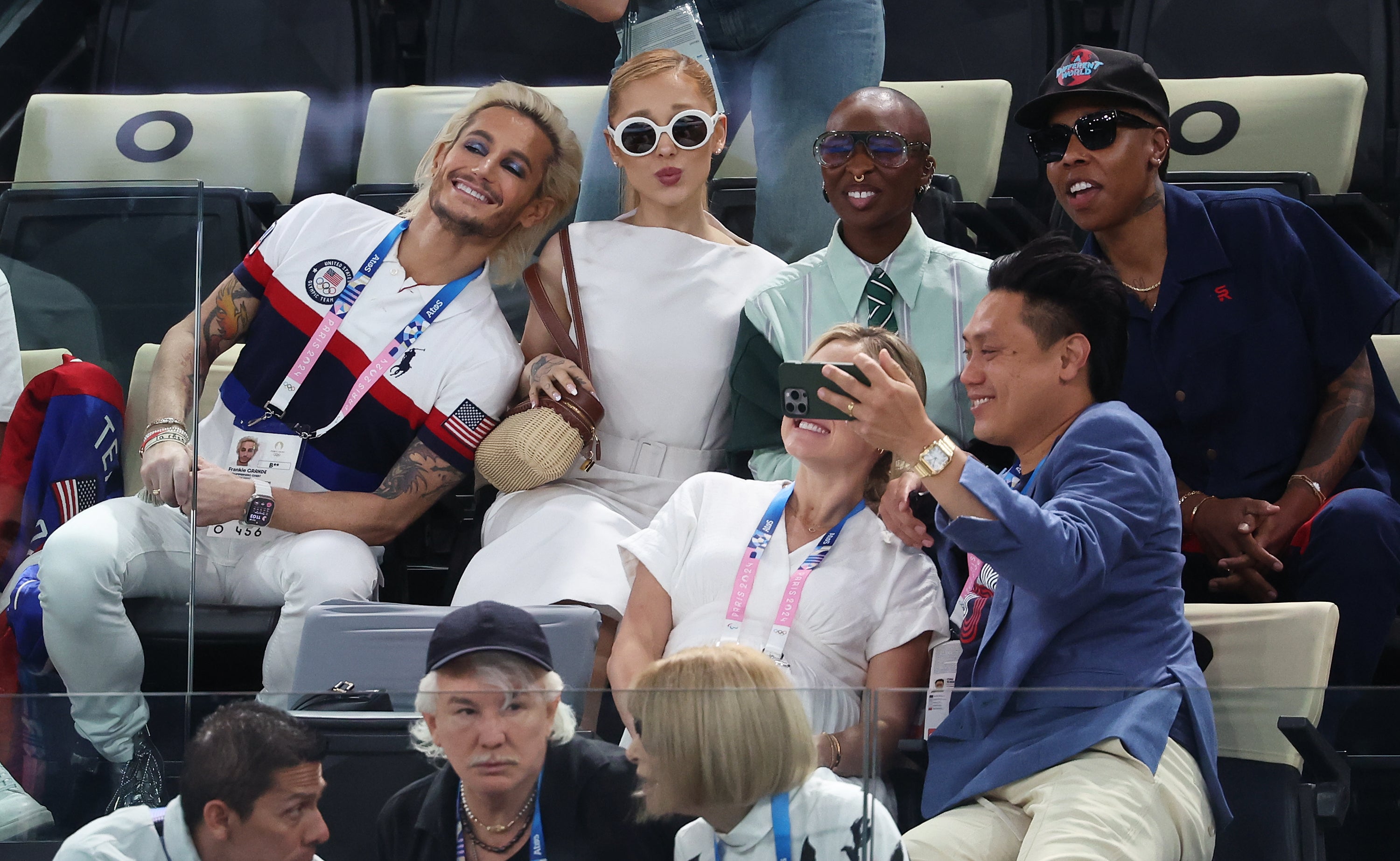 Frankie Grande, Ariana Grande, Cynthia Erivo and Lena Waithe pose for a selfie