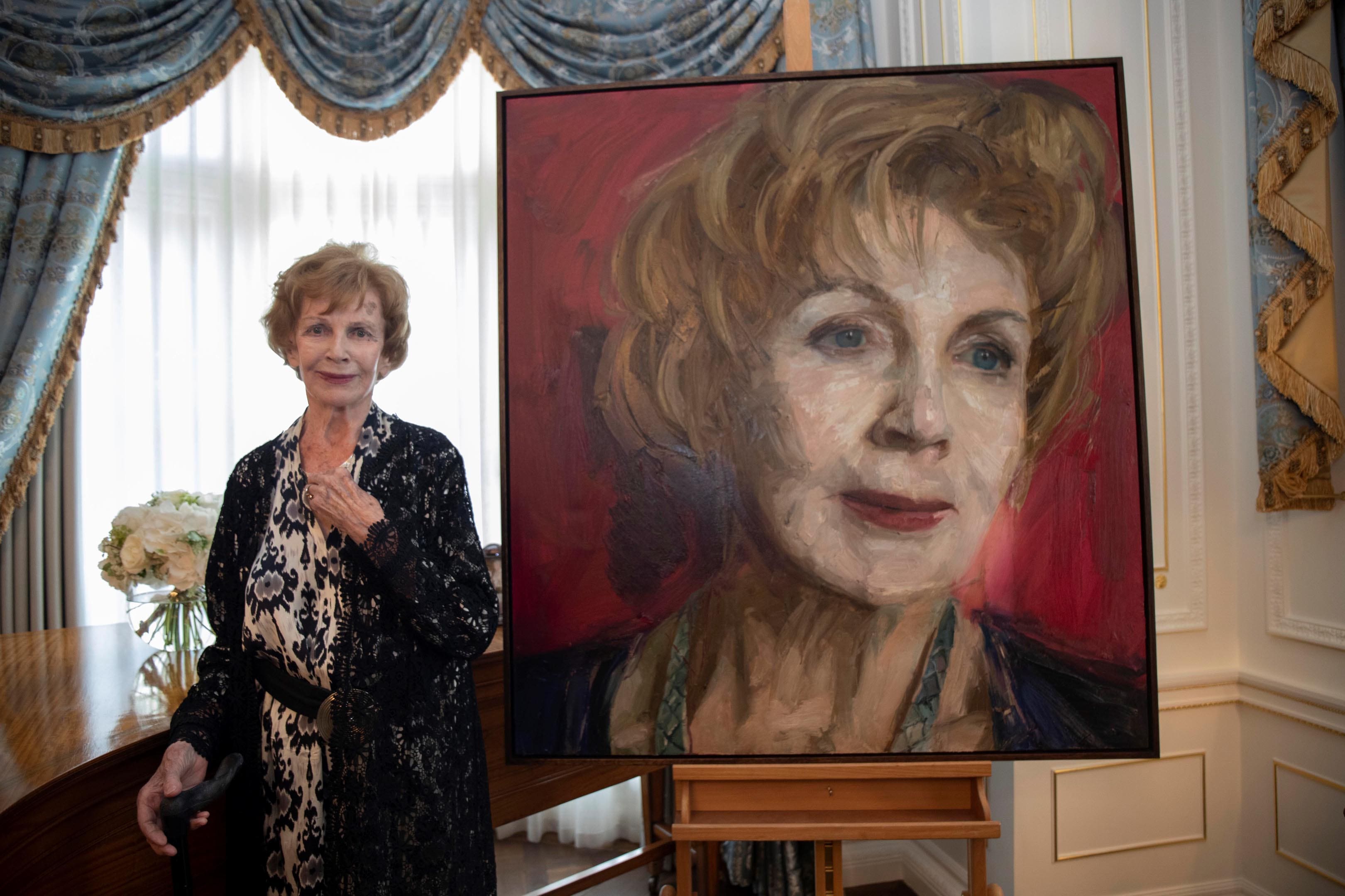 Irish writer Edna O’Brien attending the unveiling of a portrait of herself in the Irish Embassy in London