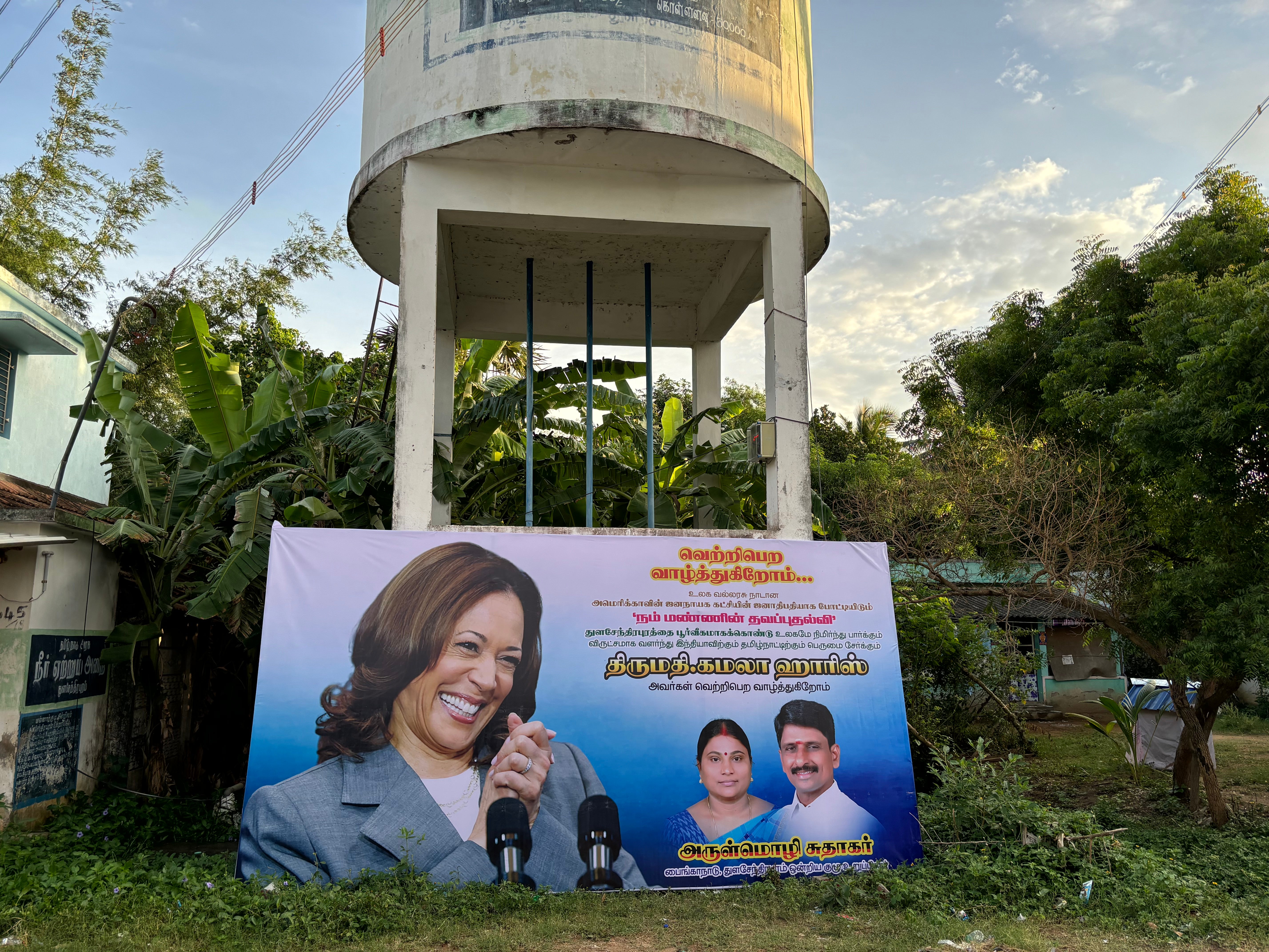 A banner wishing victory for Kamala Harris at Indian village Thulasendrapuram