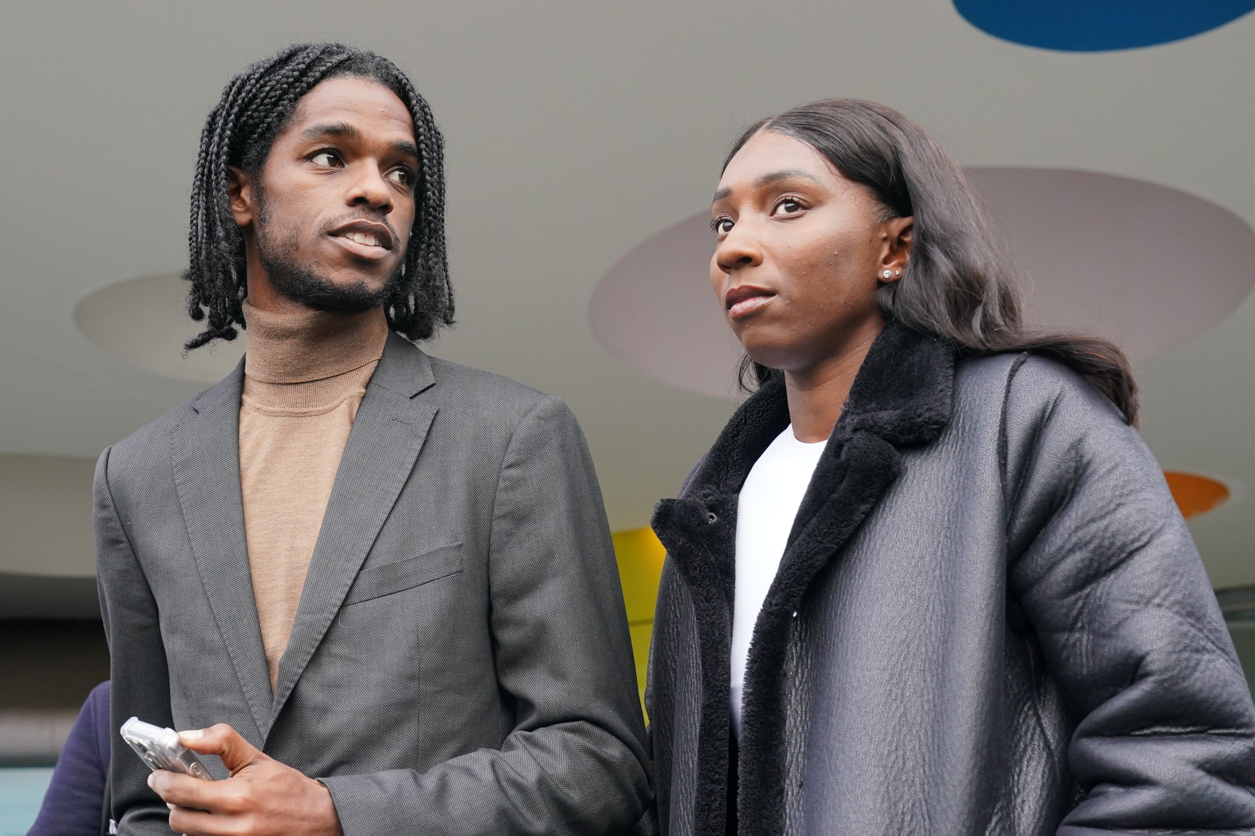 Bianca Williams and Ricardo Dos Santos speaking to the media after the officers were sacked last year (Jonathan Brady/PA)