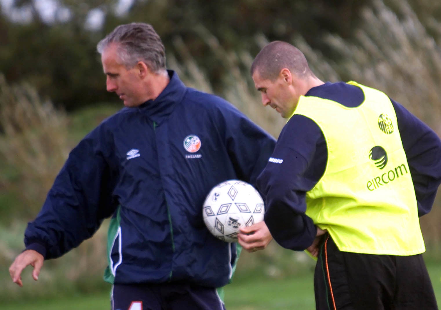 Republic of Ireland manager Mick McCarthy (left) and footballer Roy Keane during a training session in Dublin. (Chris Bacon/PA)