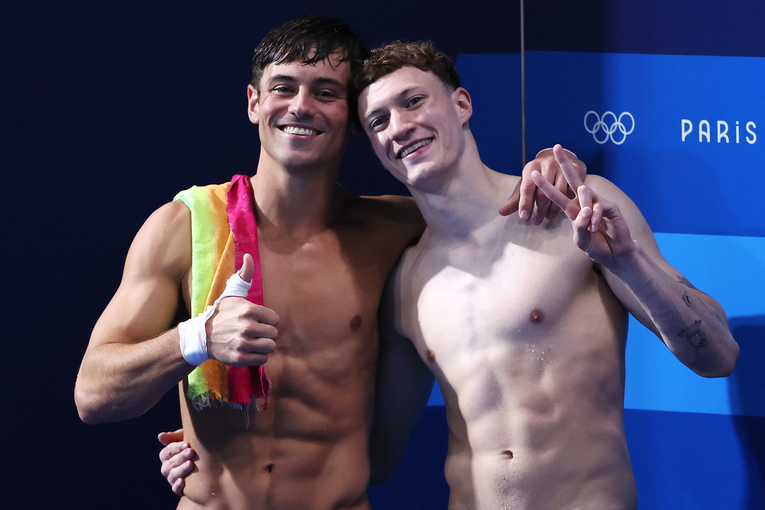 Tom Daley and Noah Williams pose after the Synchronised 10m Platform Final