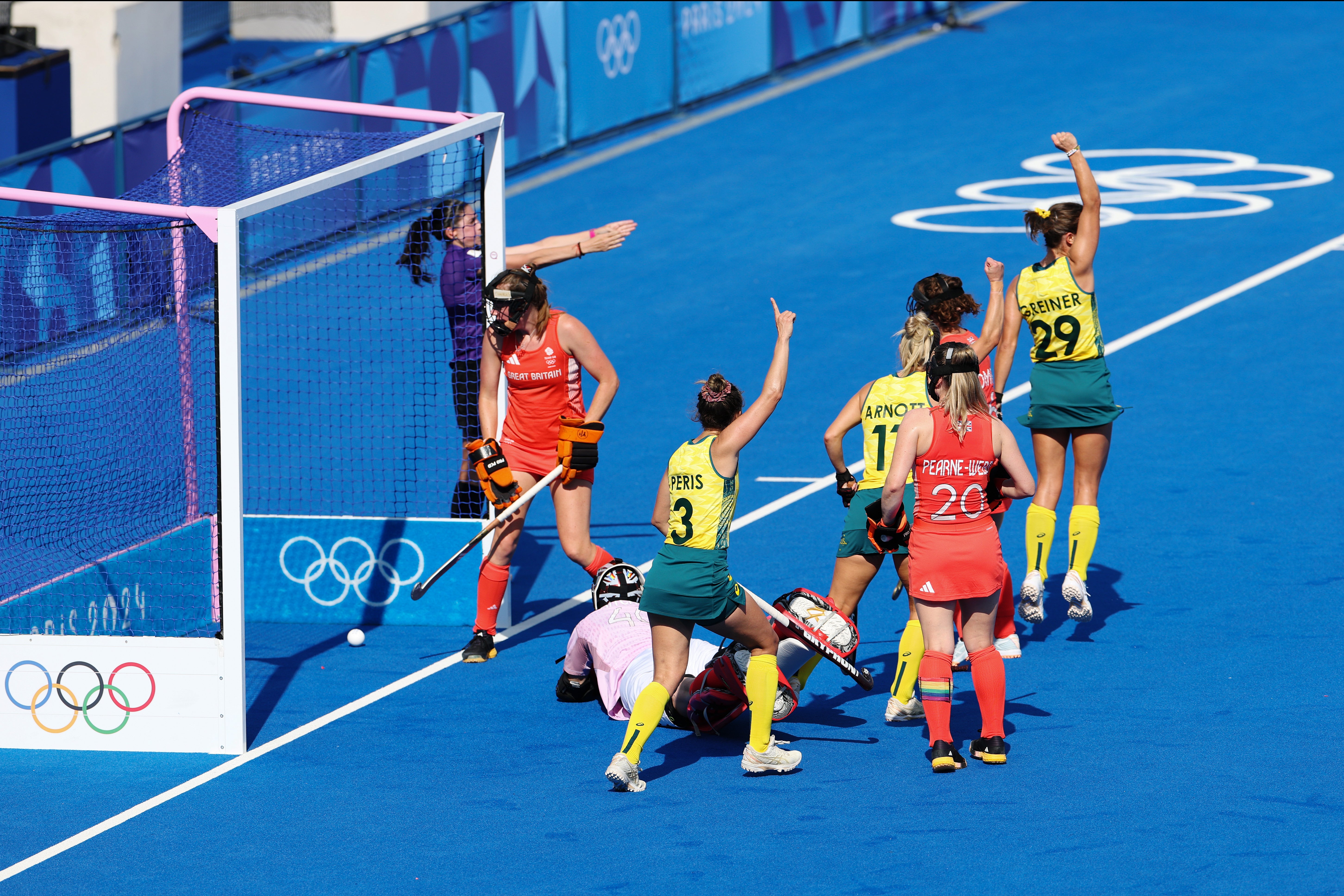 Rebecca Greiner netted the opening goal for Australia as Great Britain suffered a 4-0 defeat.