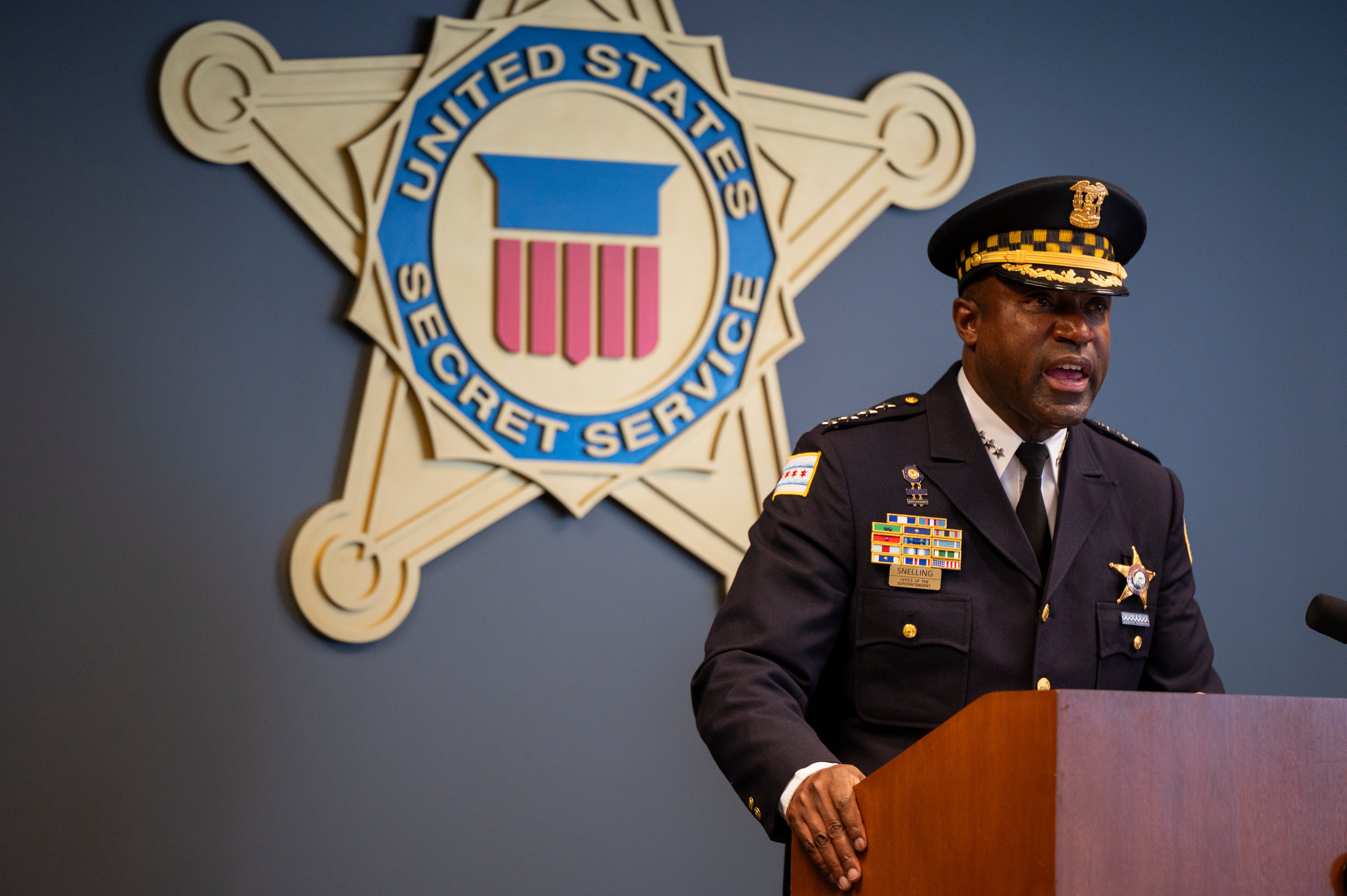 Chicago Police Superintendent Larry Snelling speaks during a Democratic National Convention security briefing on July 25 in Chicago. The city has created a new court to handle the expected mass arrests during the Democratic National Convention