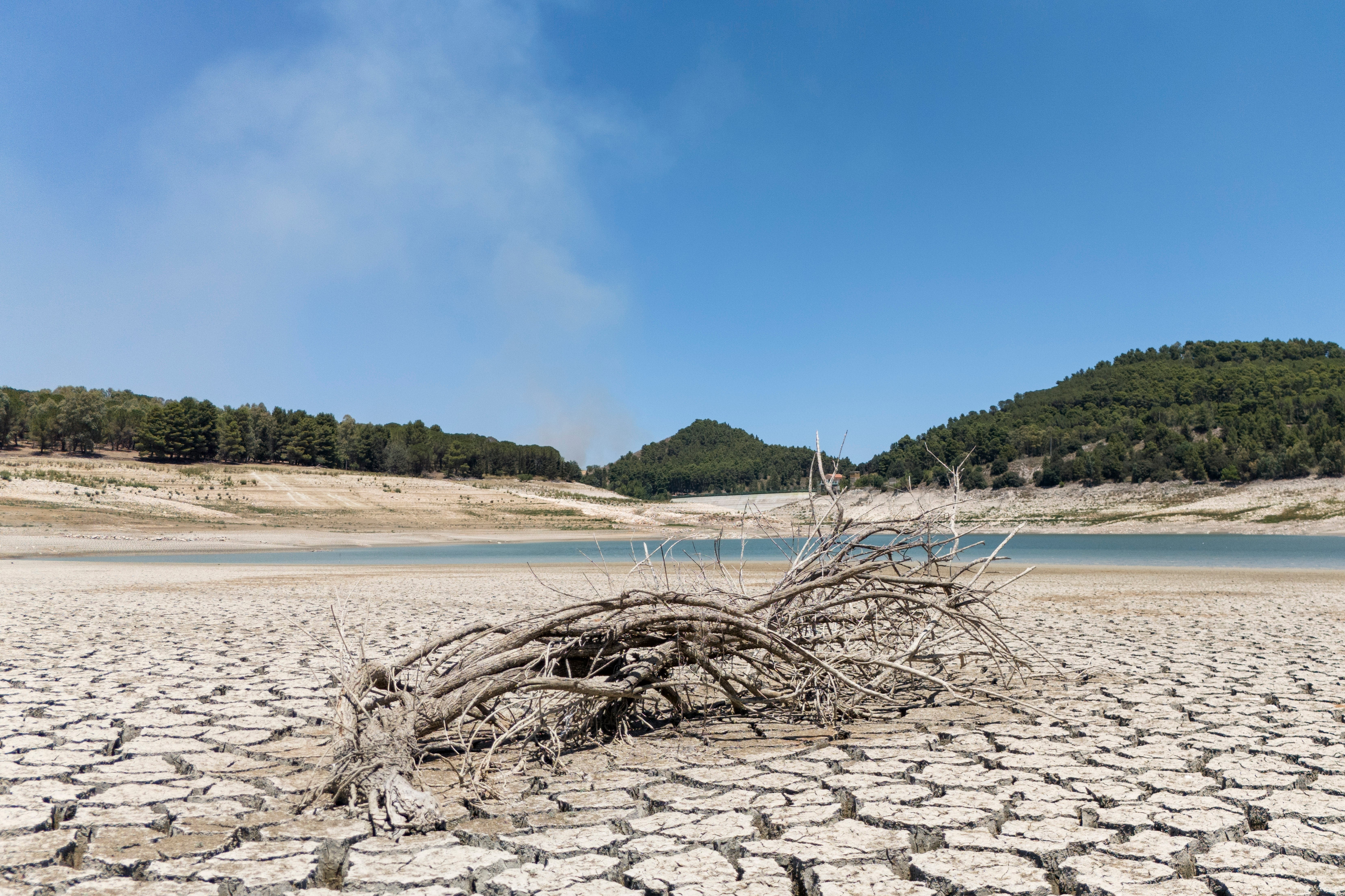 Fanaco Lake that provides water to a vast part of souther Sicily, including the city of Agrigento, shows the extremely low level of it's water after a winter with very scarse precipitations, in Castronovo di Sicilia, central Sicily, Italy, Wednesday, July 17, 2024