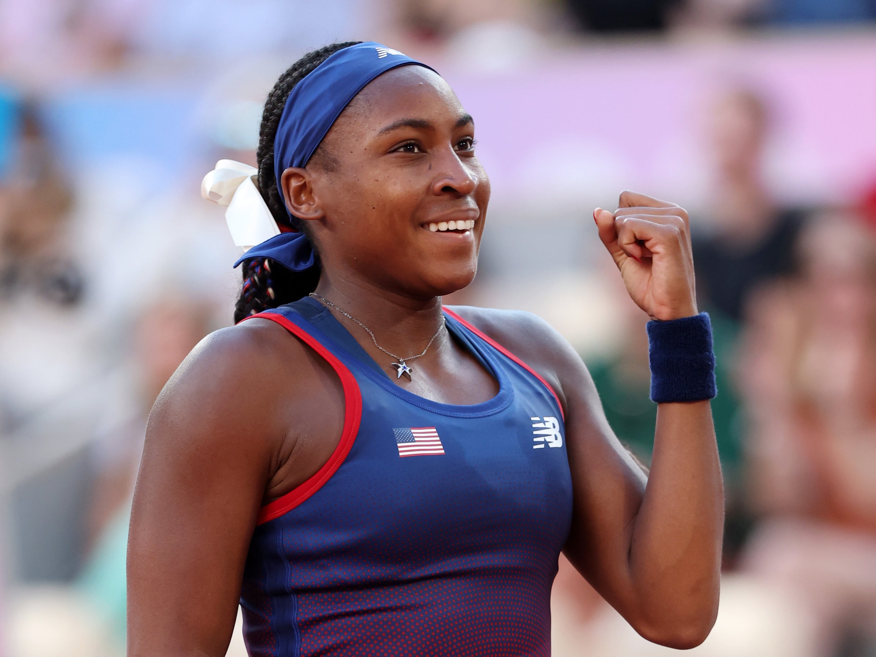 Coco Gauff of Team United States celebrates winning match point against Ajla Tomljanovic of Team Australia during the Women’s Singles first round match on day two of the Olympic Games Paris 2024 at Roland Garros on 28 July 2024 in Paris, France (Matthew Stockman/Getty Images)