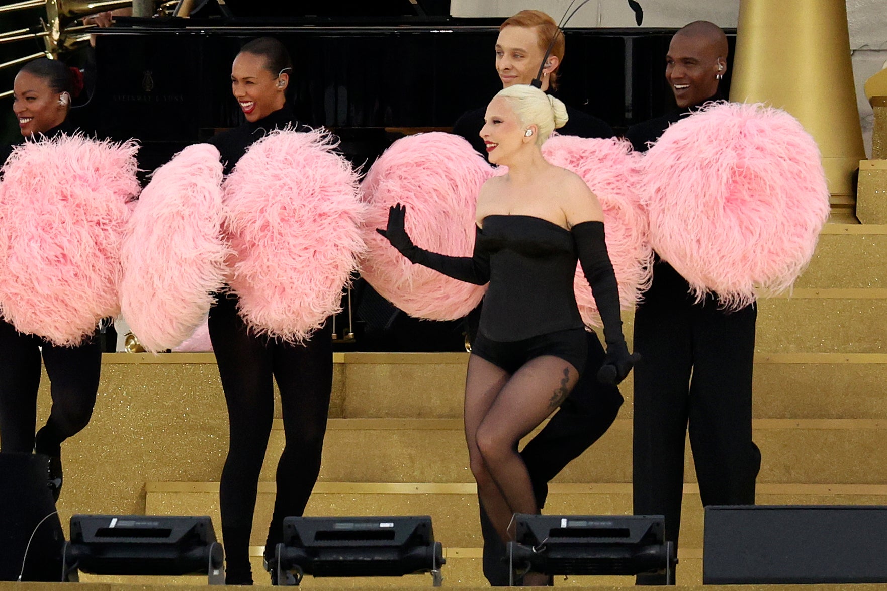 Lady Gaga performing at the Paris Olympics