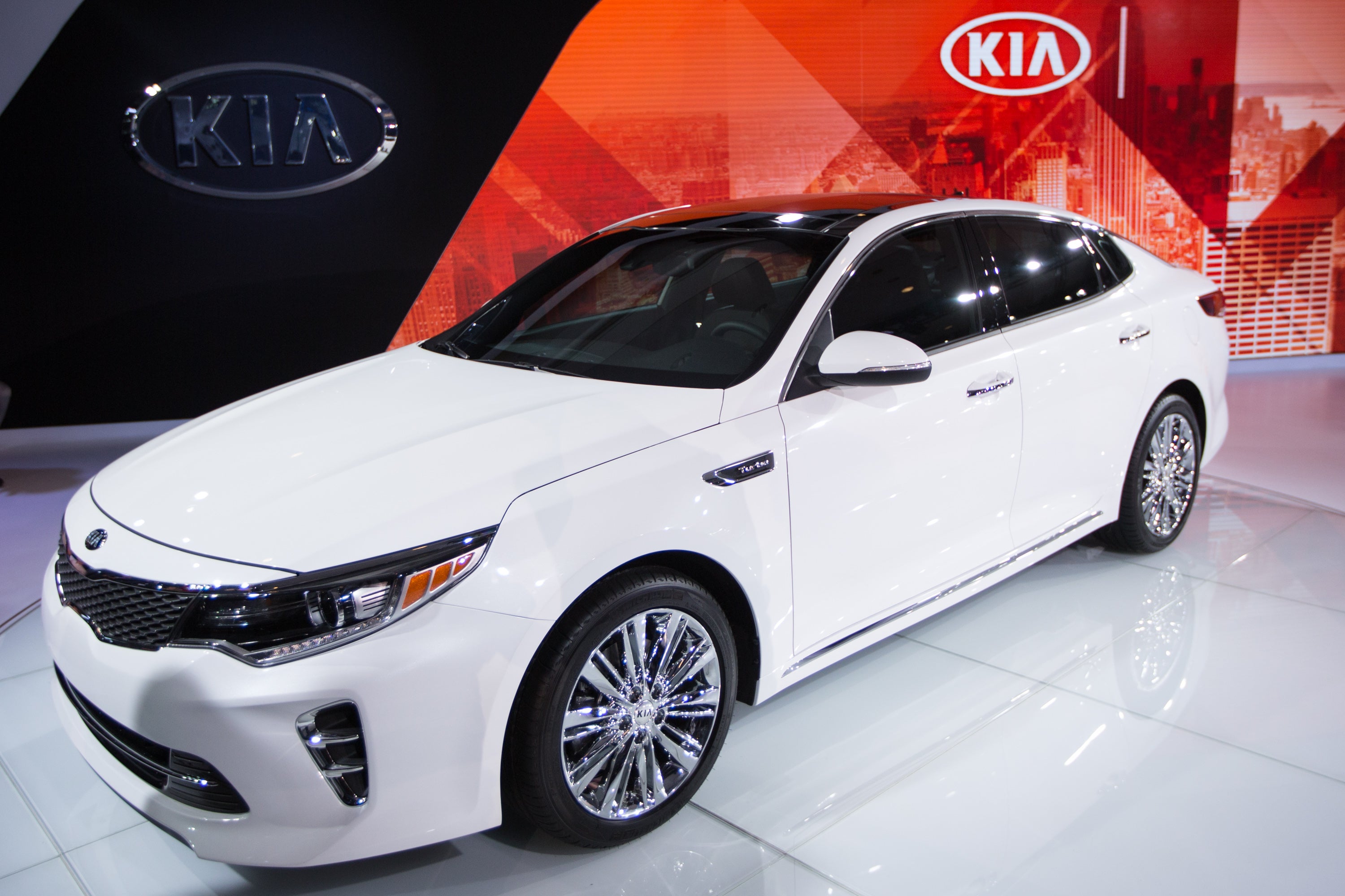 The Kia Optima is displayed at the New York International Auto Show at the Javits Center on April 1, 2015 in New York City