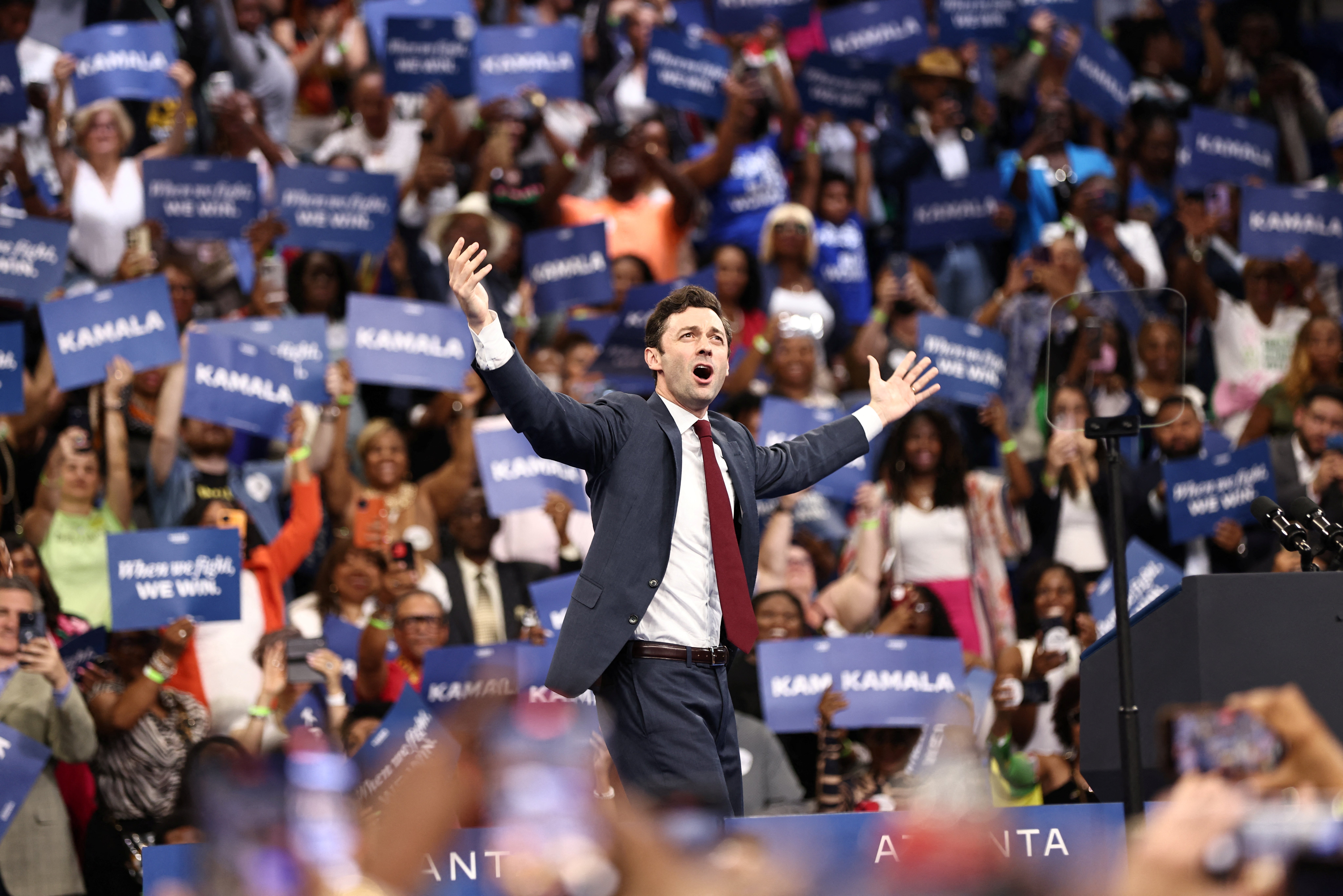 U.S. Senator Jon Ossoff (D-GA) gestures at a presidential election campaign event for U.S. Vice President Kamala Harris in Atlanta, Georgia, U.S. July 30, 2024