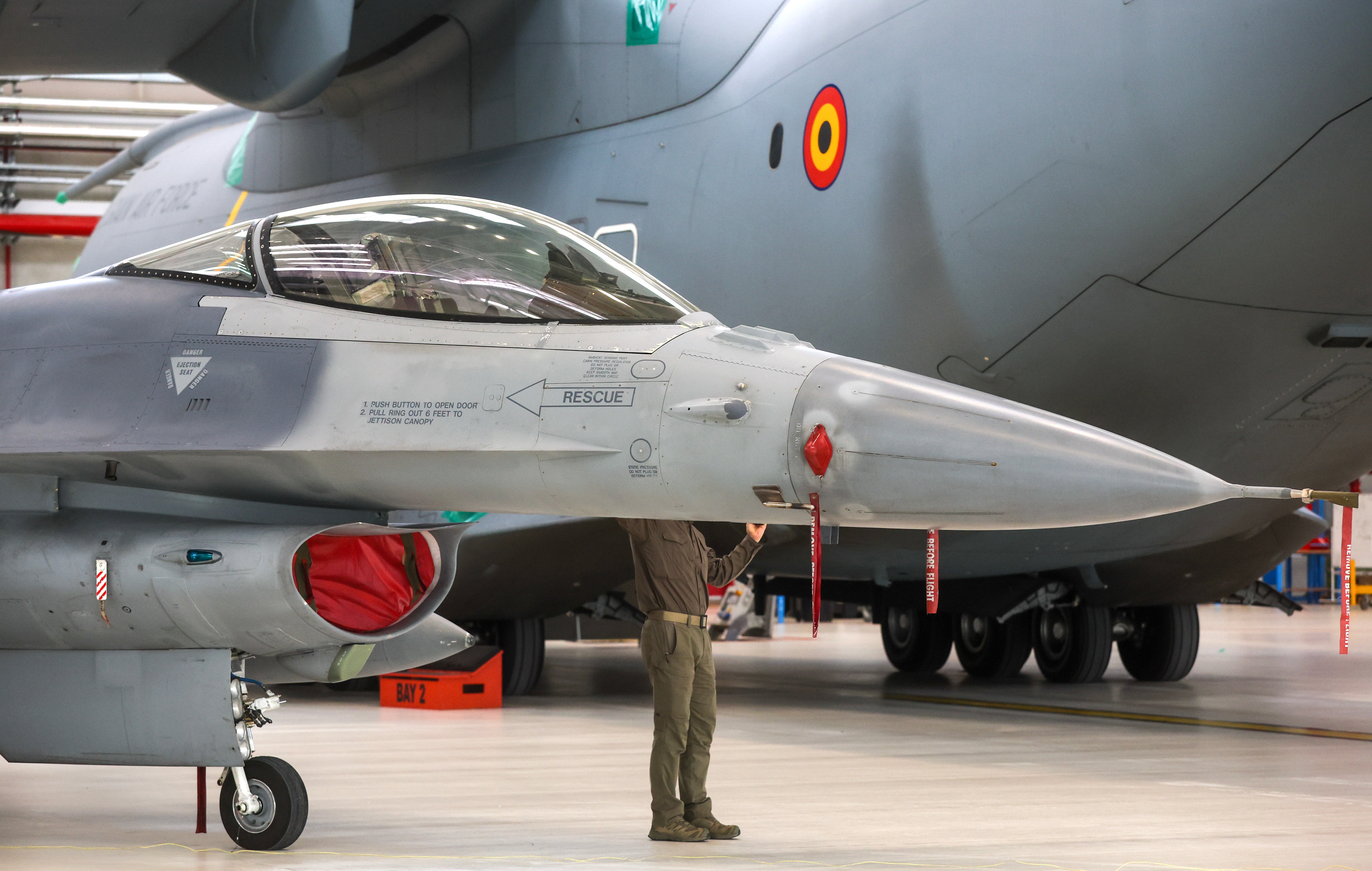 A F-16 fighter aircraft is pictured ahead of the arrival of Zelensky in Brussels in June