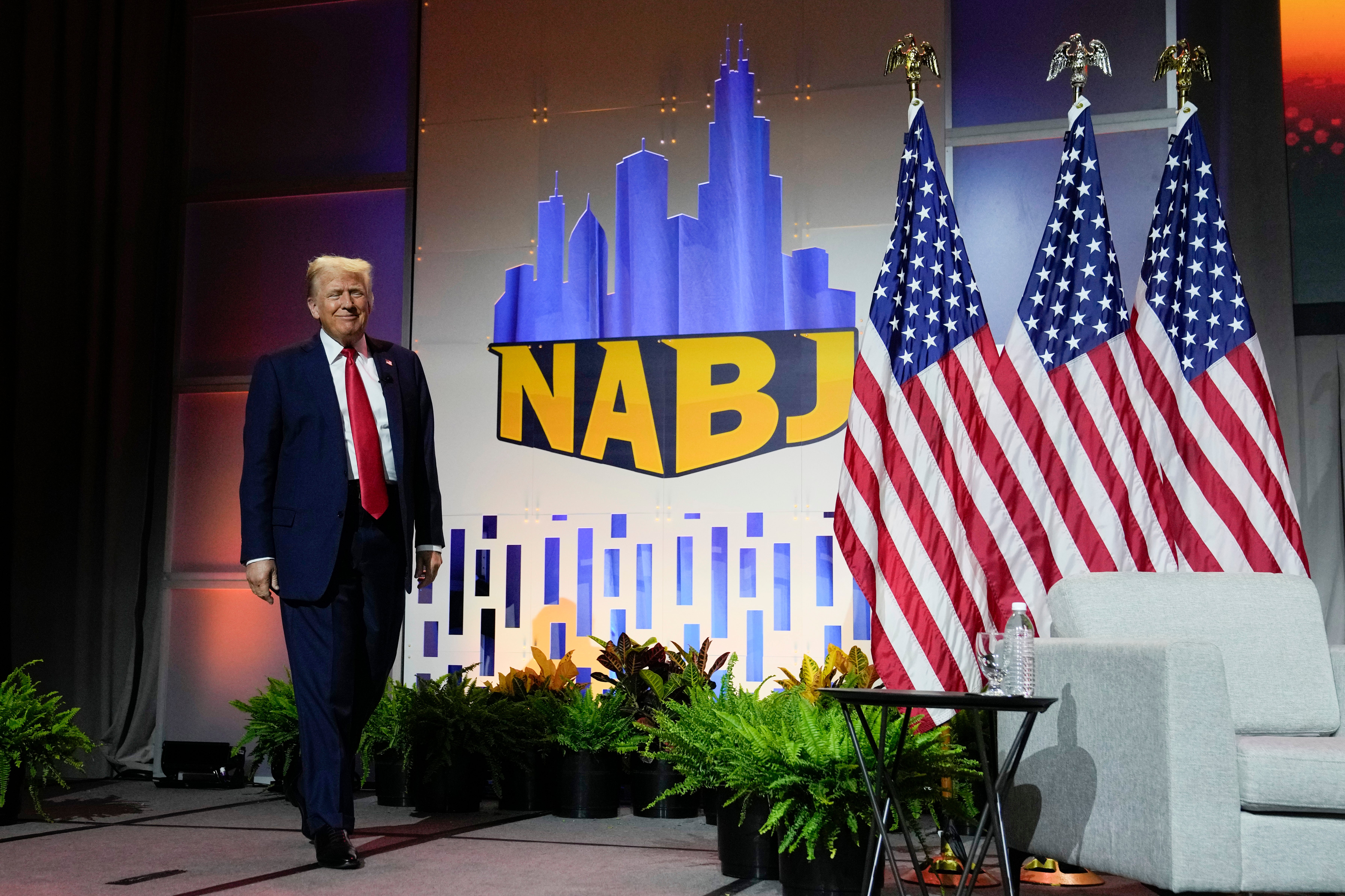 Donald Trump arrives at a National Association of Black Journalists conference in Chicago on July 31. His question-and-answer session quickly became unhinged when he claimed he didn’t know Kamala Harris was Black