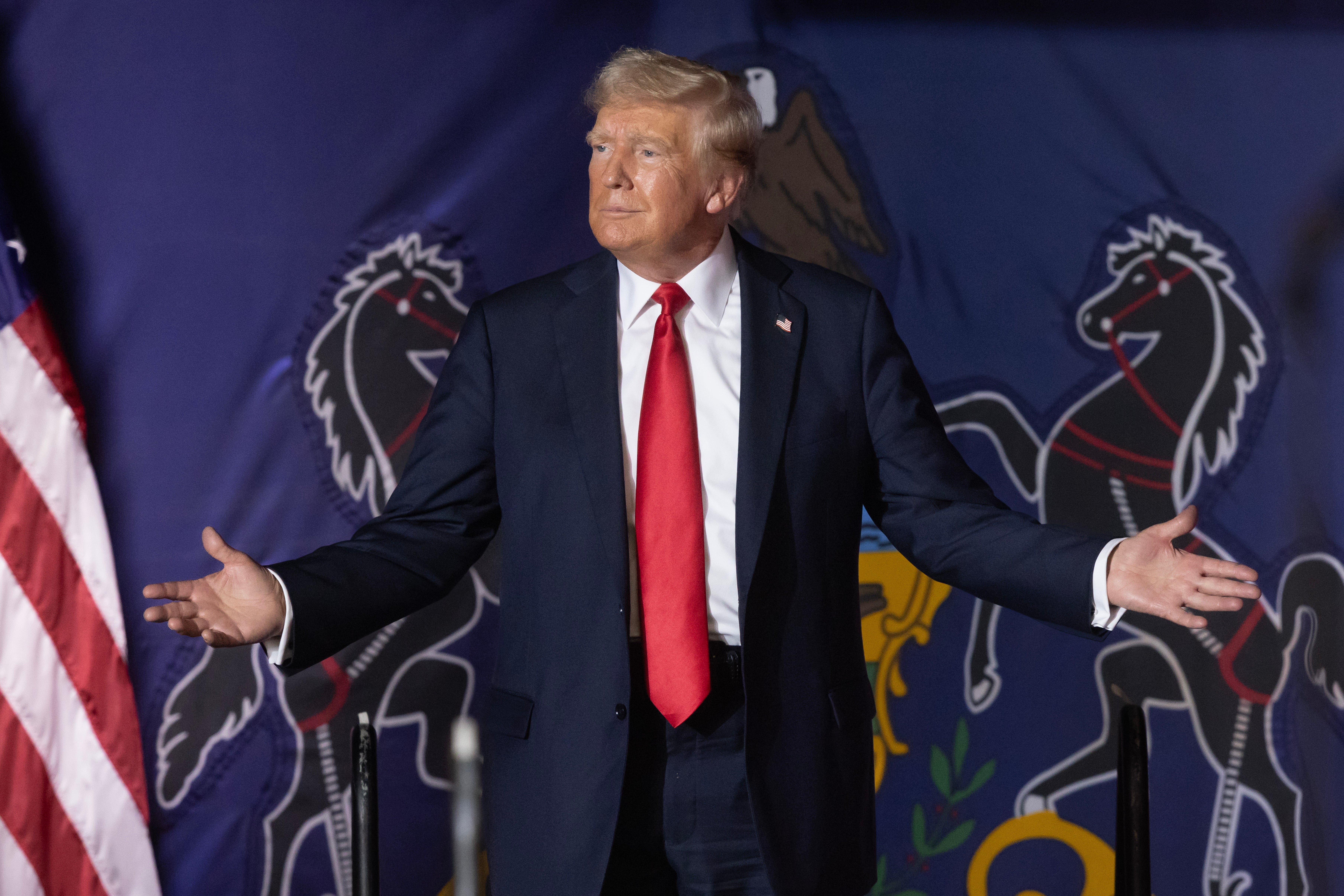 Donald Trump arrives to hold a rally at New Holland Arena in Harrisburg, Pennsylvania on 31 July. This is the first Trump rally in Pennsylvania since the assassination attempt on the former president