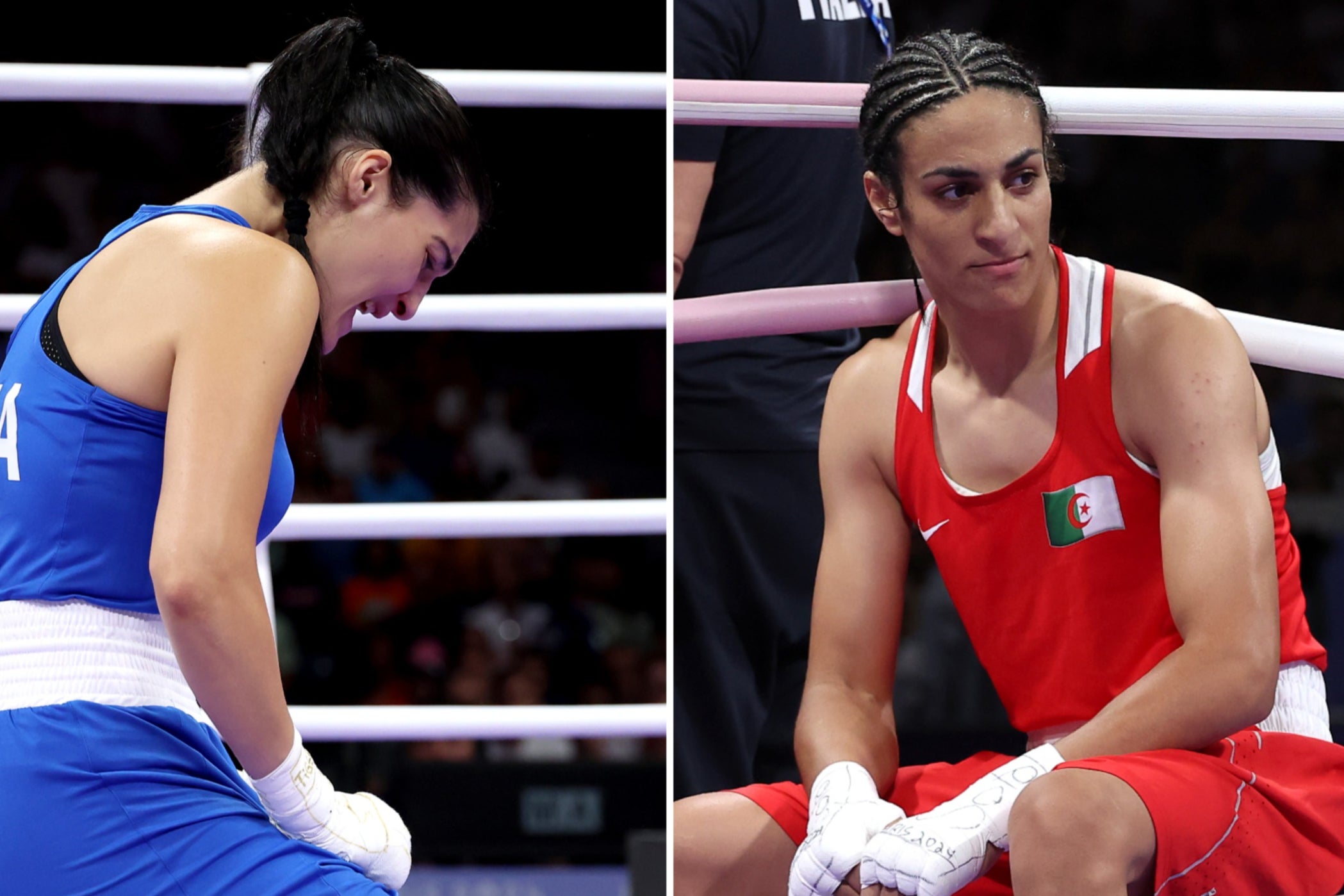 Angela Carini (left) in tears after withdrawing mid-fight against Imane Khelif