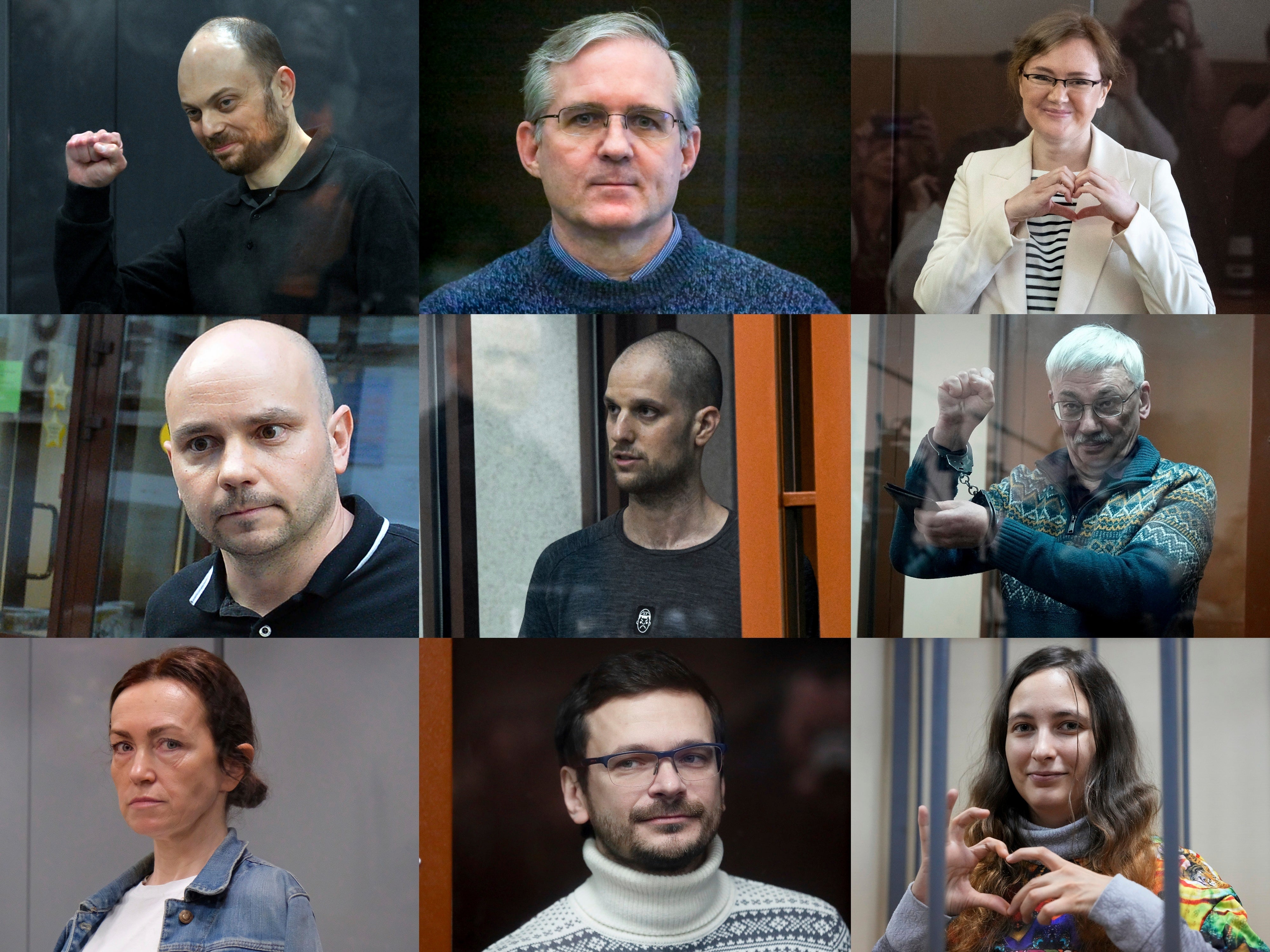 Wall Street Journal reporter Evan Gershkovich (centre) and, clockwise from top left, Vladimir Kara-Murza, Paul Whelan, Lilia Chanysheva, Oleg Orlov, Sasha Skochilenko, Ilya Yashin, Alsu Kurmasheva and Andrei Pivovarov