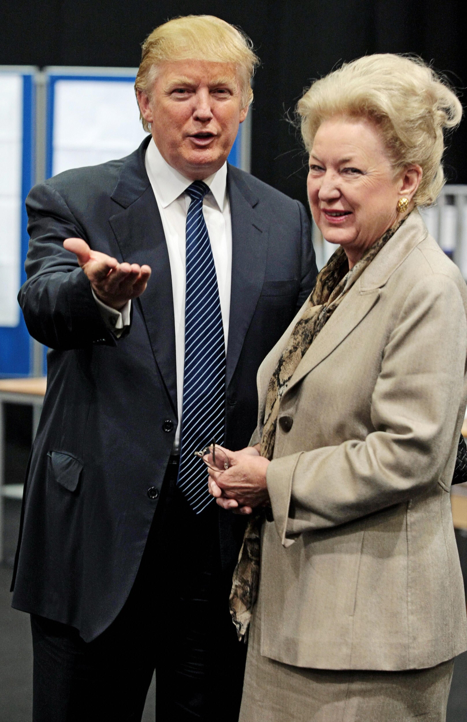 Donald Trump (L) is pictured with his sister Maryanne Trump Barry as they adjourn for lunch during a public inquiry over his plans to build a golf resort near Aberdeen, at the Aberdeen Exhibition & Conference centre, Scotland, on June 10, 2008