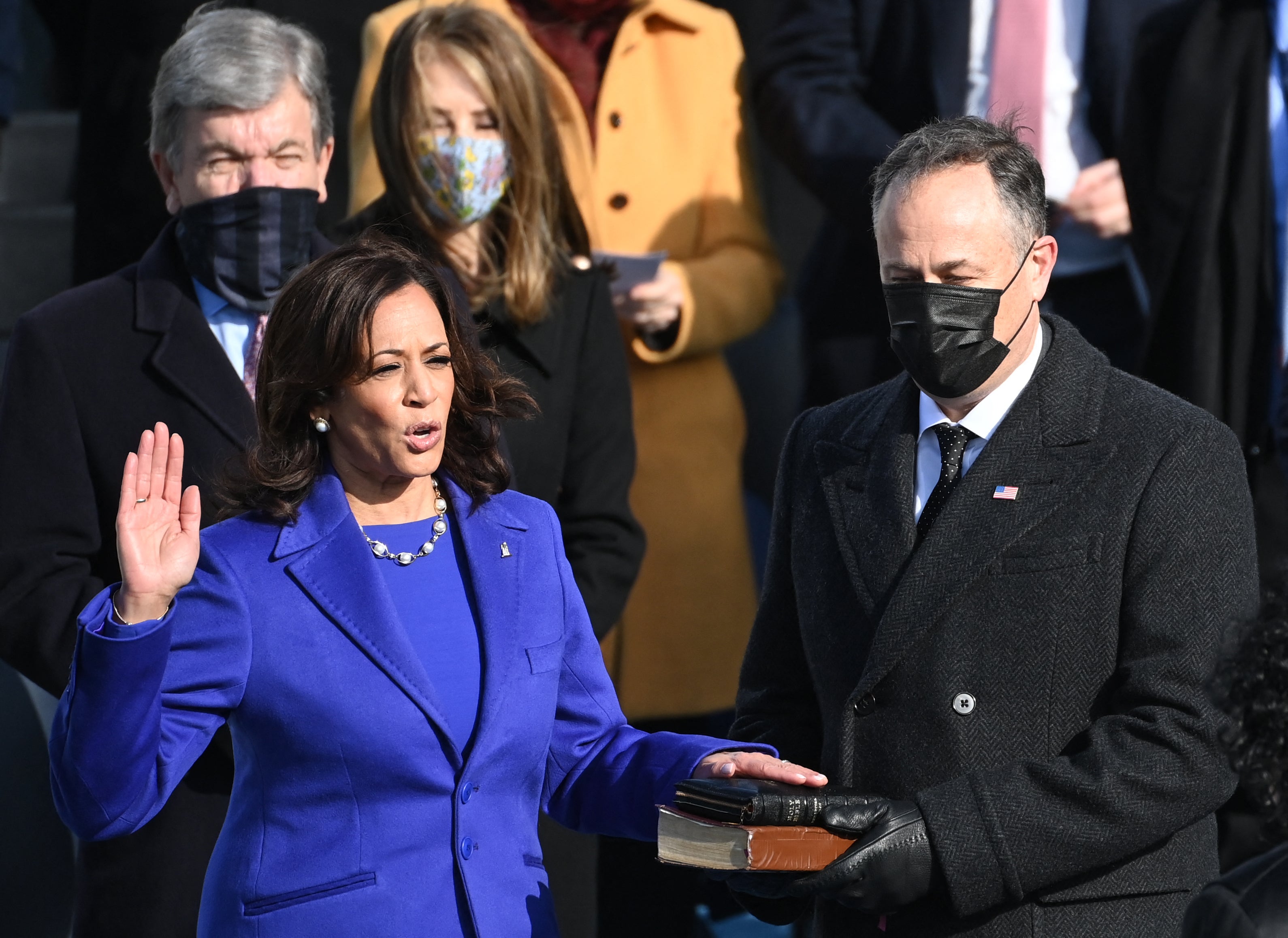 Kamala Harris, pictured being sworn in to office as vice-president in January 2021