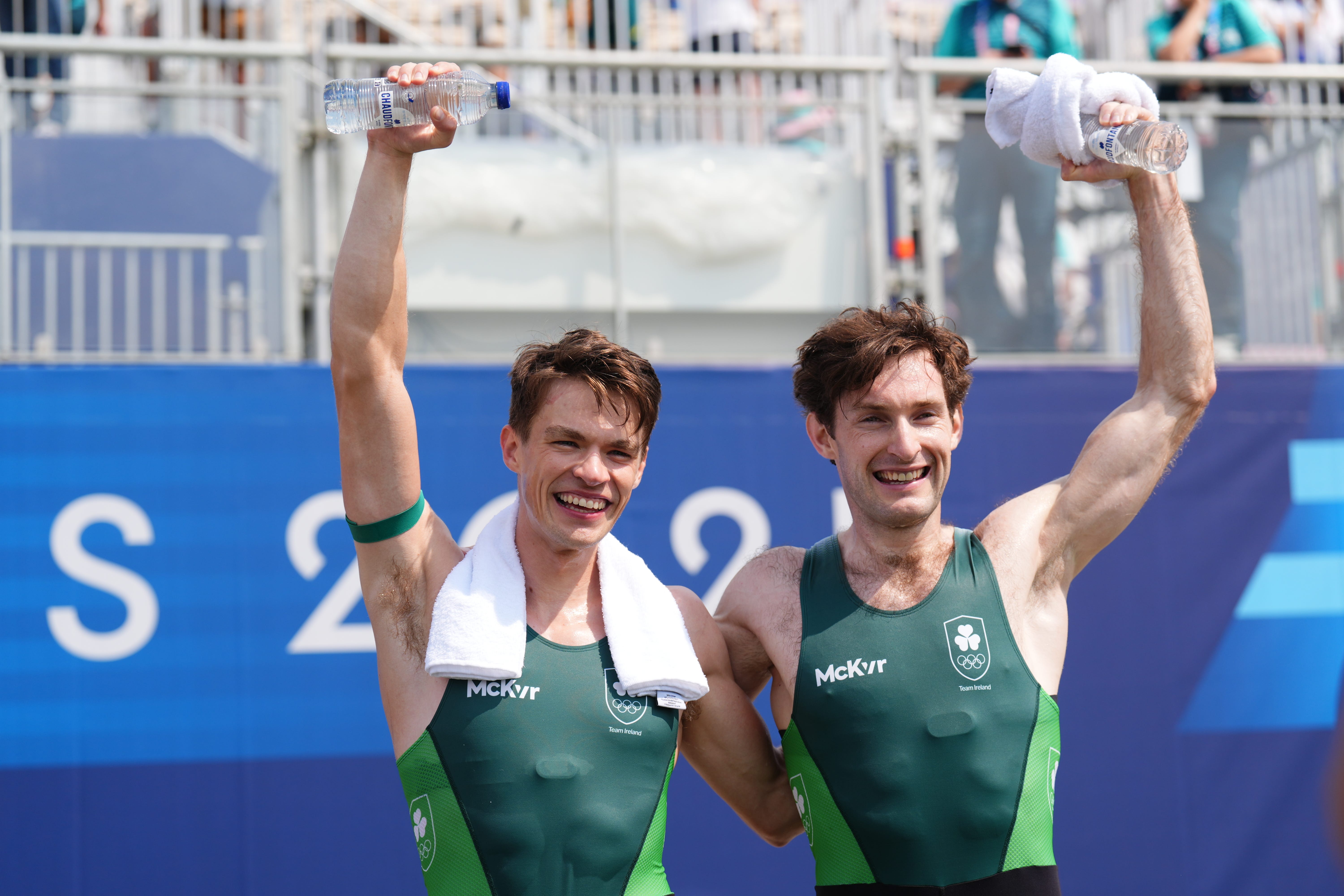 Ireland’s Fintan McCarthy and Paul O’Donovan celebrate winning gold in the men’s lightweight double sculls (John Walton/PA)