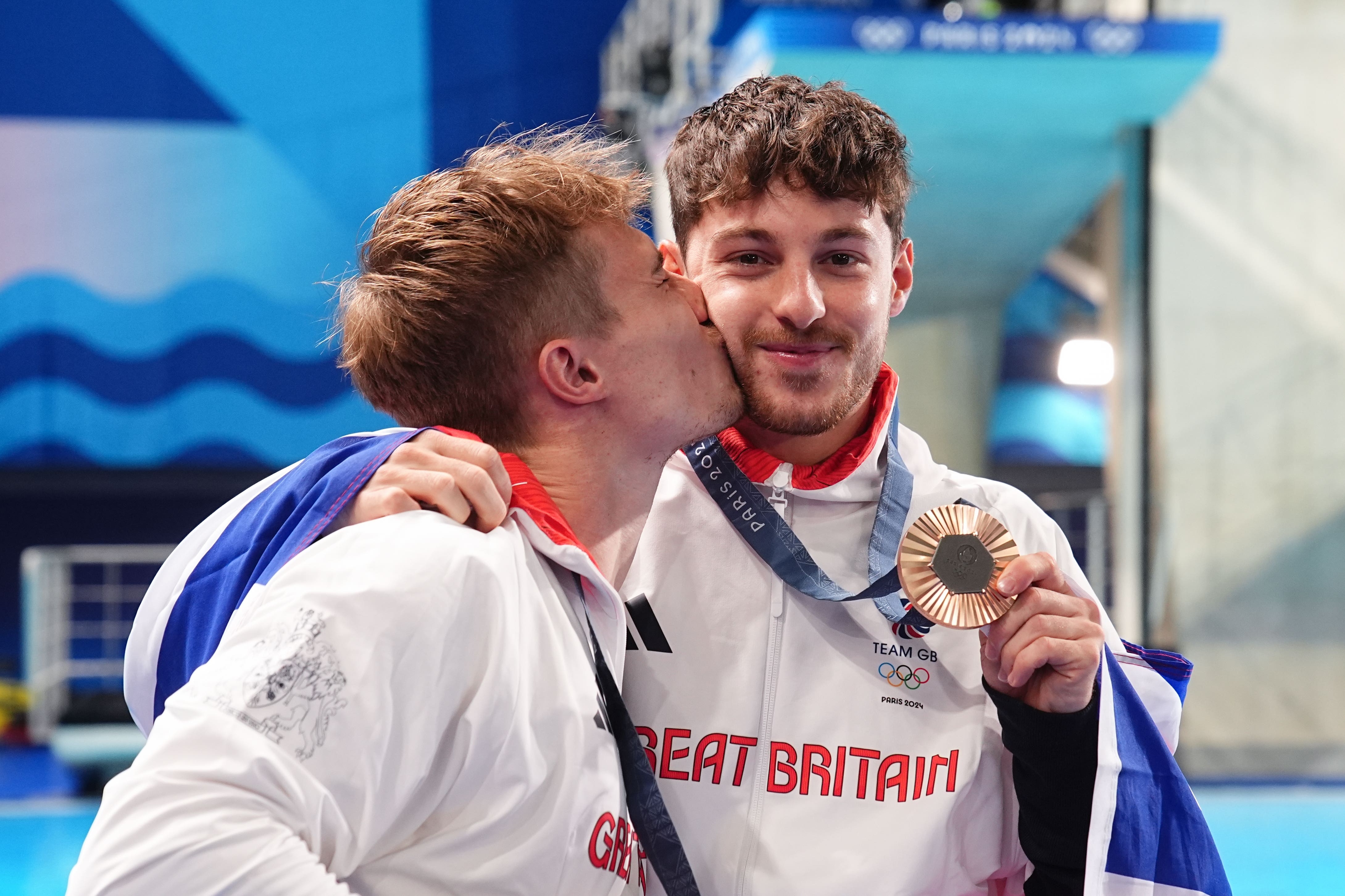 Great Britain’s Jack Laugher (left) and Anthony Harding with their bronze medal (Peter Byrne, PA)