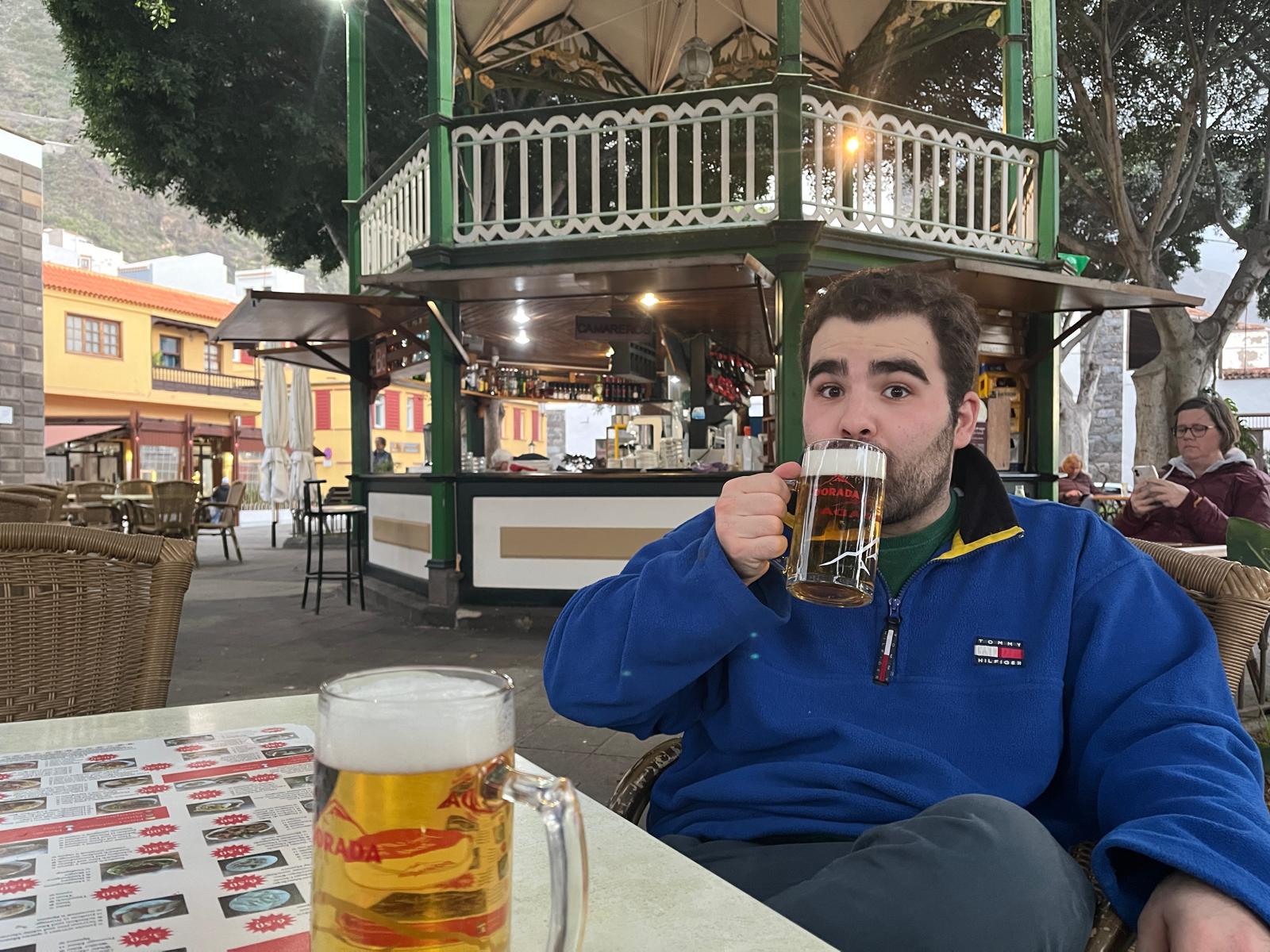 Benjamin drinks local in the Garachico bandstand bar