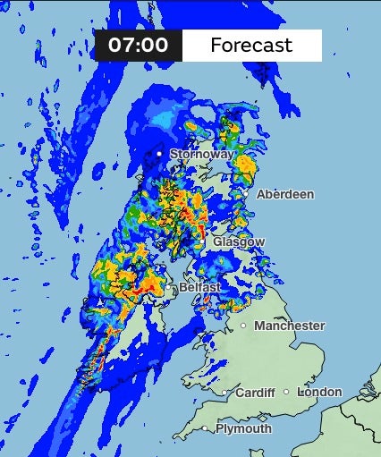 Weather maps show a large front of persistent rain which will strike the northeast early on Monday