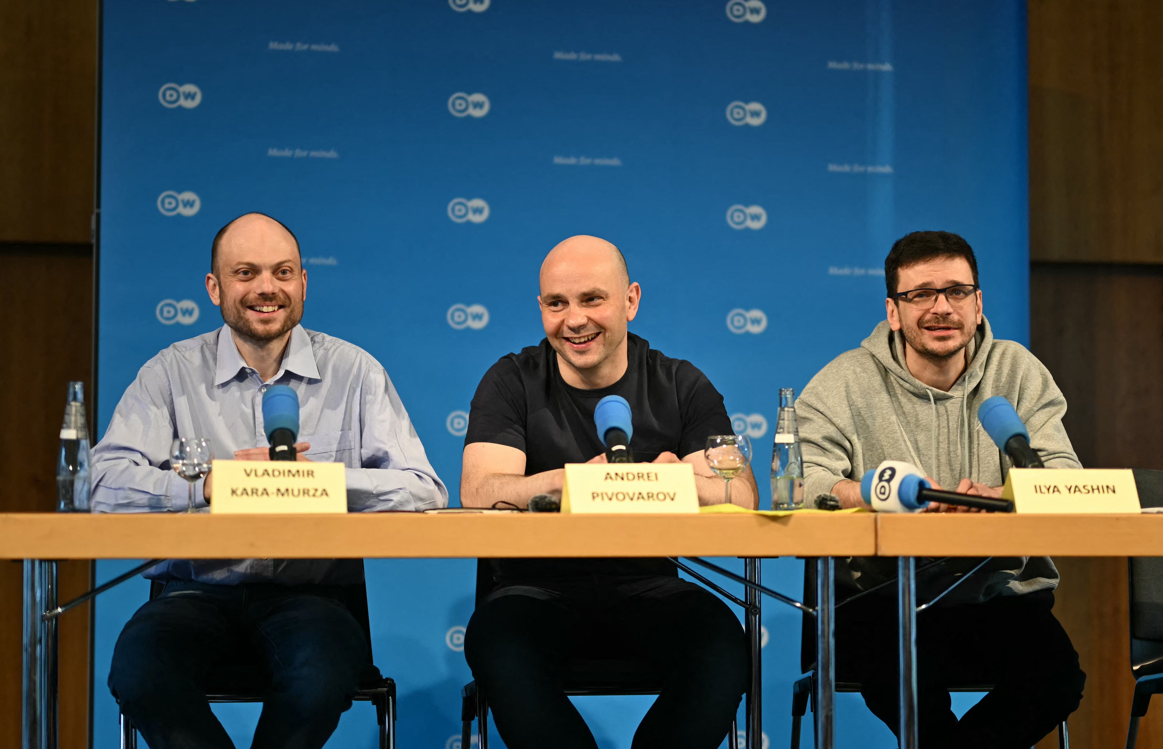 Sweet freedom: (from left) journalist and activist Vladimir Kara-Murza, activist Andrei Pivovarov and opposition figure Ilya Yashin address Friday’s press conference