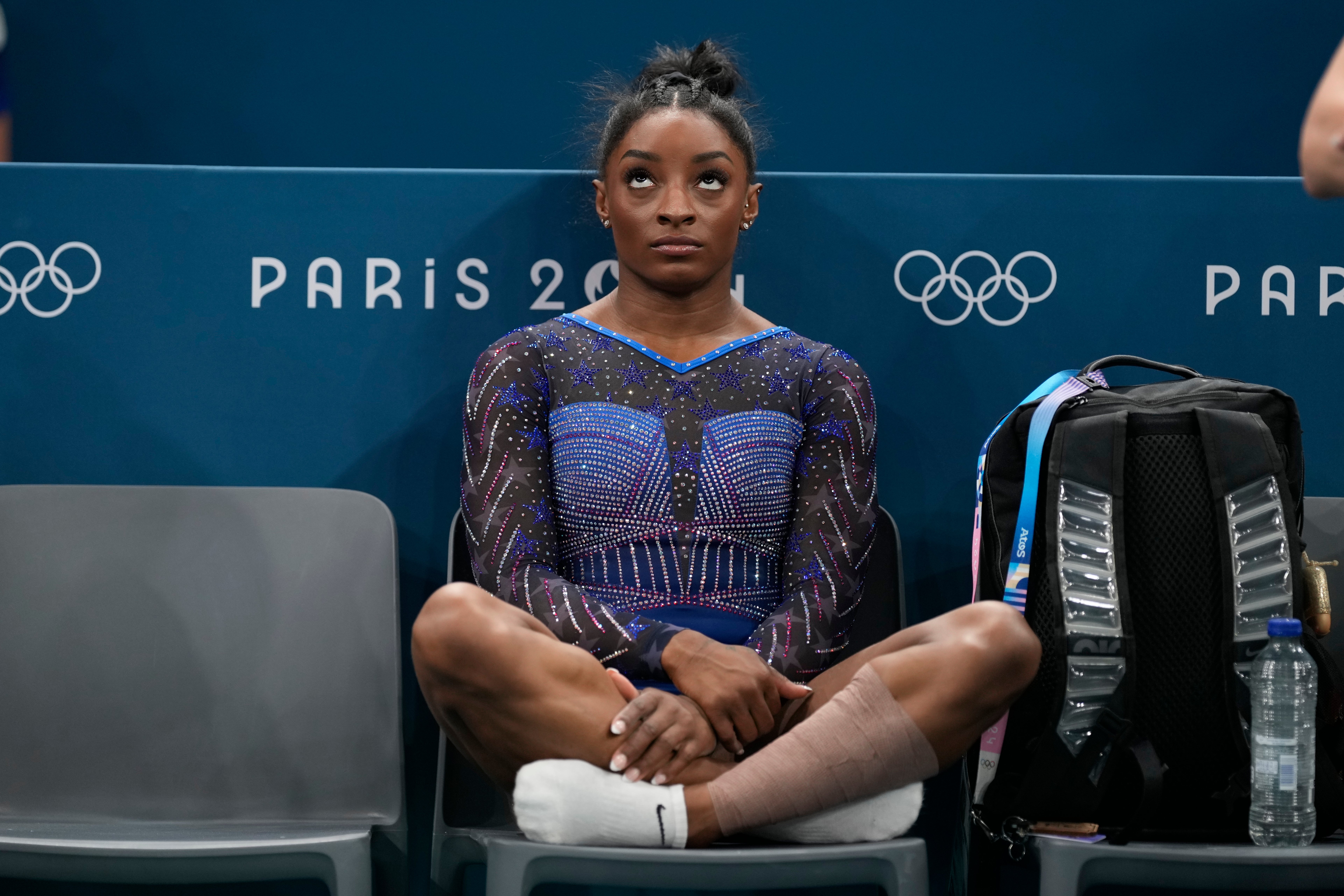 Simone Biles, of the United States, is seen during the women’s artistic gymnastics all-around finals in Bercy Arena at the 2024 Summer Olympics on Thursday in Paris. Biles has confessed that she was “shaking” with anxiety in the Olympic Village as she opened up about her nerves ahead of the women’s gymnastics vault final.