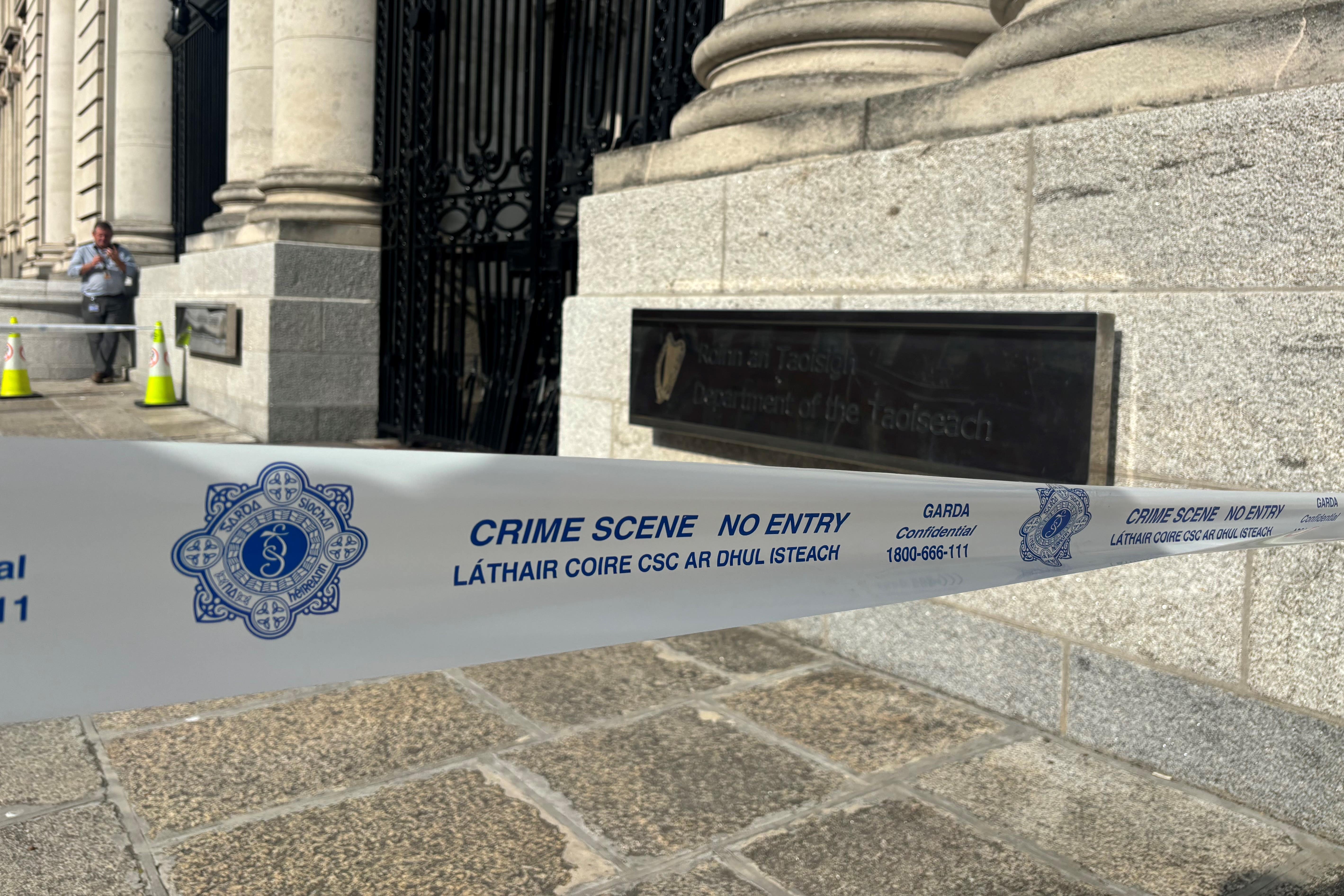 The scene after a vehicle drove into gates at Government Buildings in Dublin. A Garda statement said: “Gardai were alerted to a single-vehicle road traffic collision on Merrion Street Upper, Dublin 2 at approximately 2.30am on Friday 2nd August 2024 “The driver of the vehicle, a male in his 40s, was arrested on suspicion of offences under the Road Traffic Act. He is currently detained under Section 4 of the Criminal Justice Act, 1984 at a Garda station in Dublin city”. Picture date: Friday August 2, 2024.