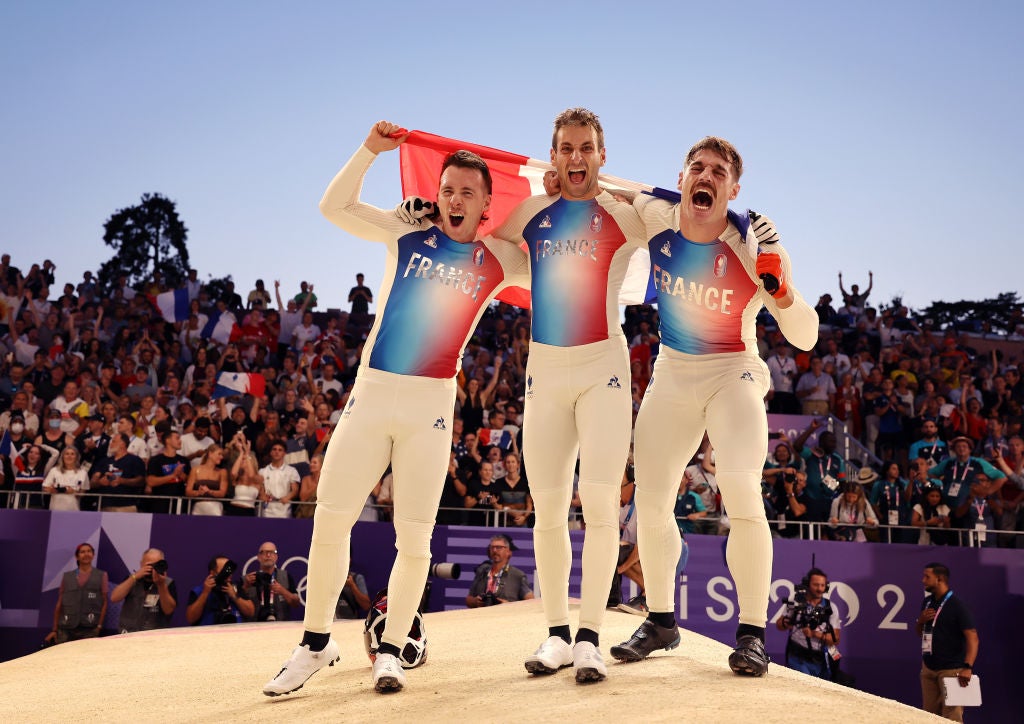 Joris Daudet, Sylvain Andre, Romain Mahieu celebrate France’s 1-2-3