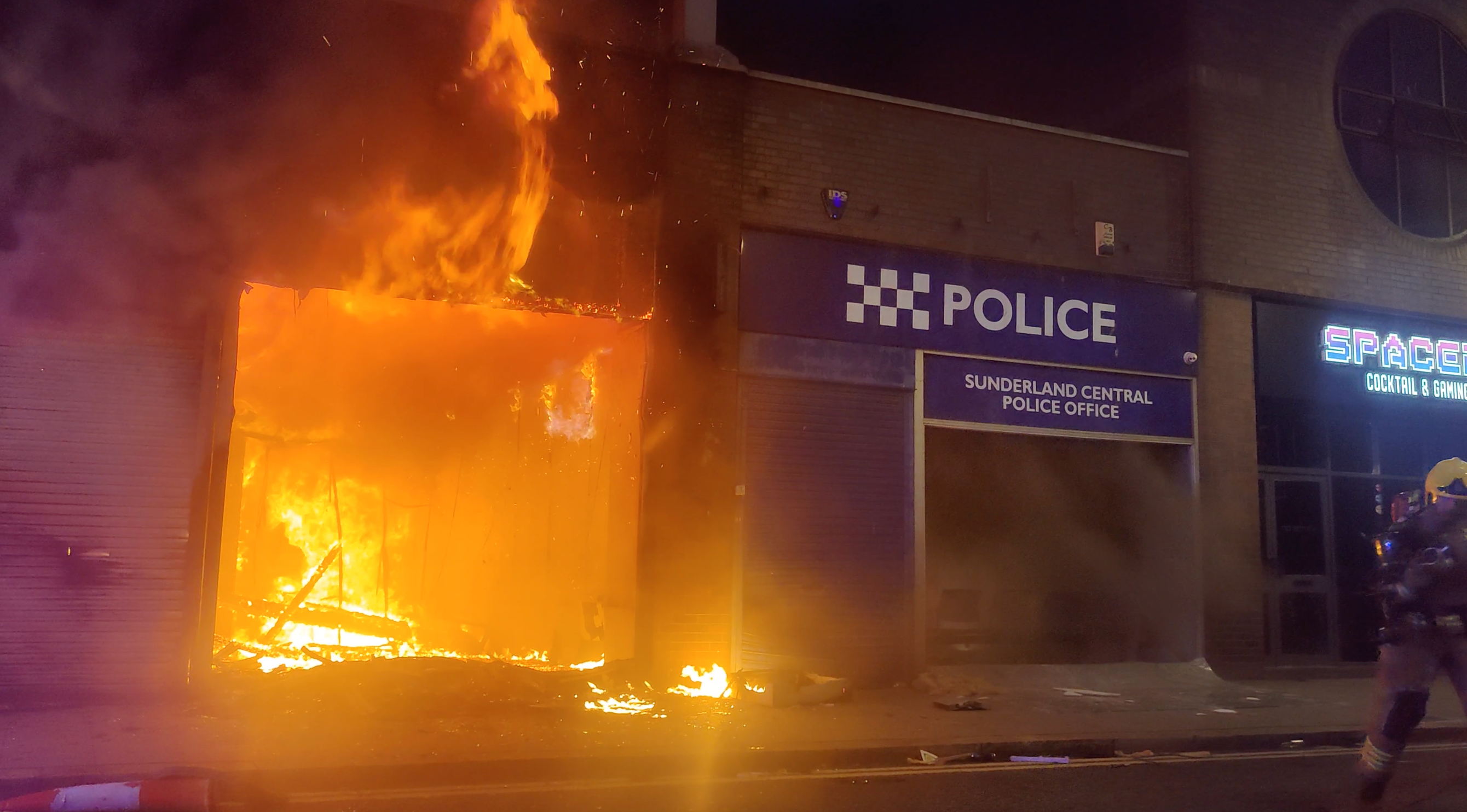 The old Sunderland police station was set alight as riots erupted across Sunderland