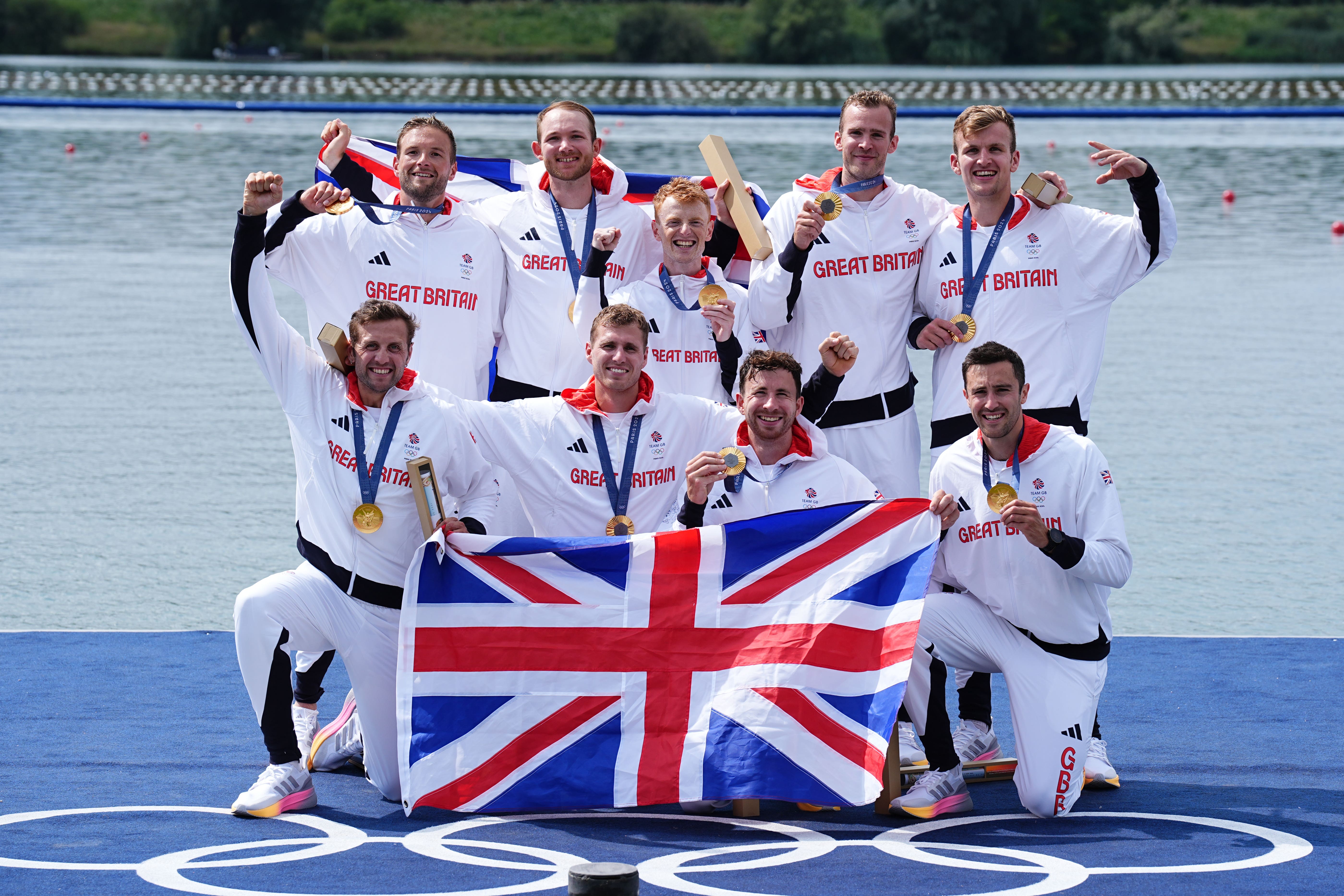 Great Britain’s Sholto Carnegie, Rory Gibbs, Morgan Bolding, Jacob Dawson, Charles Elwes, Tom Digby, James Rudkin, Tom Ford and cox Harry Brightmore with their gold medals after winning the men’s eight final (Peter Byrne/PA)