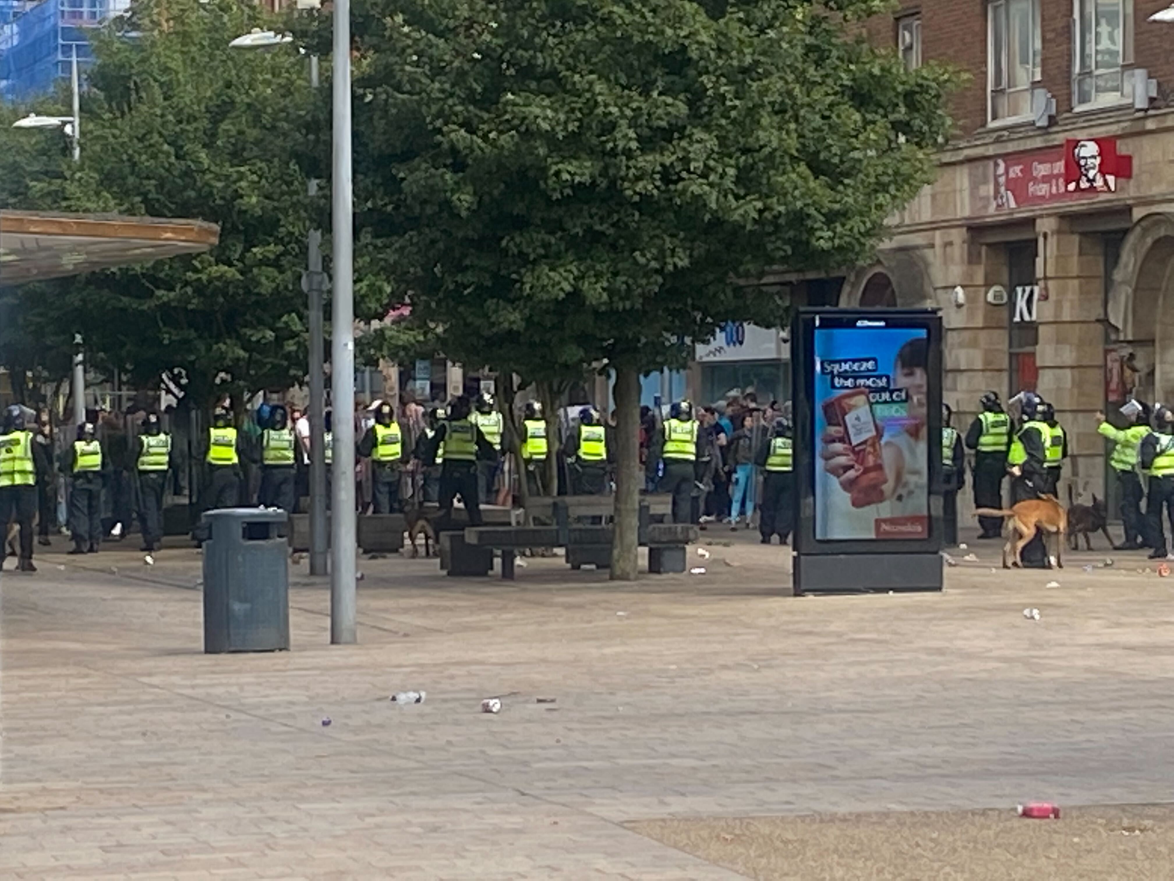 Police and protesters in a stand-off during Saturday’s protest in Hull