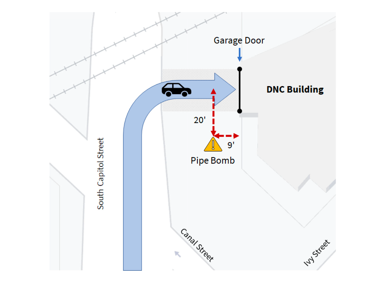 Graphic showing the pipe bomb’s proximity to where Kamala Harris entered the DNC building on January 6, 2021