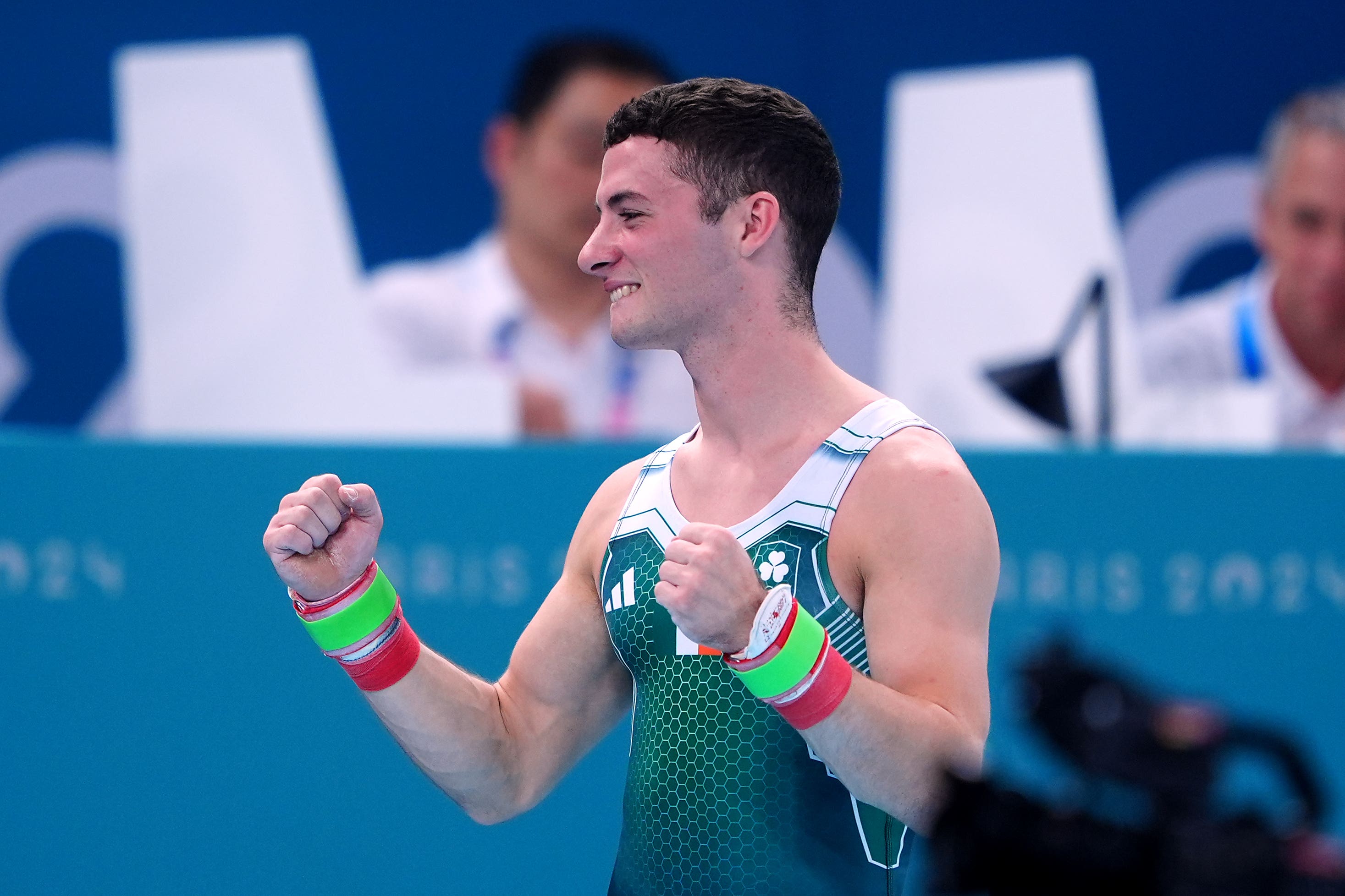 Ireland’s Rhys McClenaghan celebrates winning gold in the men’s pommel horse at the Paris Olympics (Peter Byrne/PA).