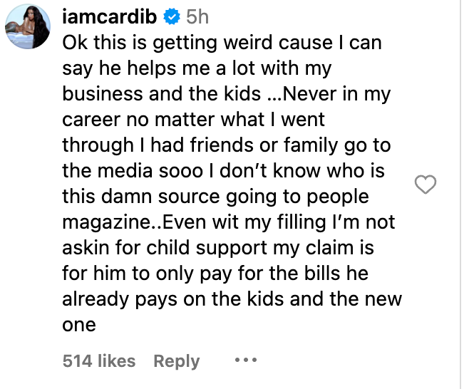 Cardi B denies claims that Offset didn’t support her before divorce