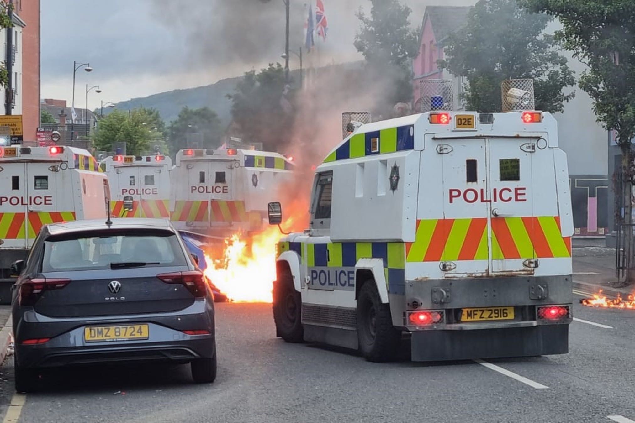 PSNI officers man road blocks in Belfast (David Young/PA)