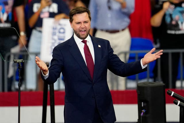 <p>JD Vance arrives to speak at a campaign rally at Georgia State University in Atlanta on 3 August </p>