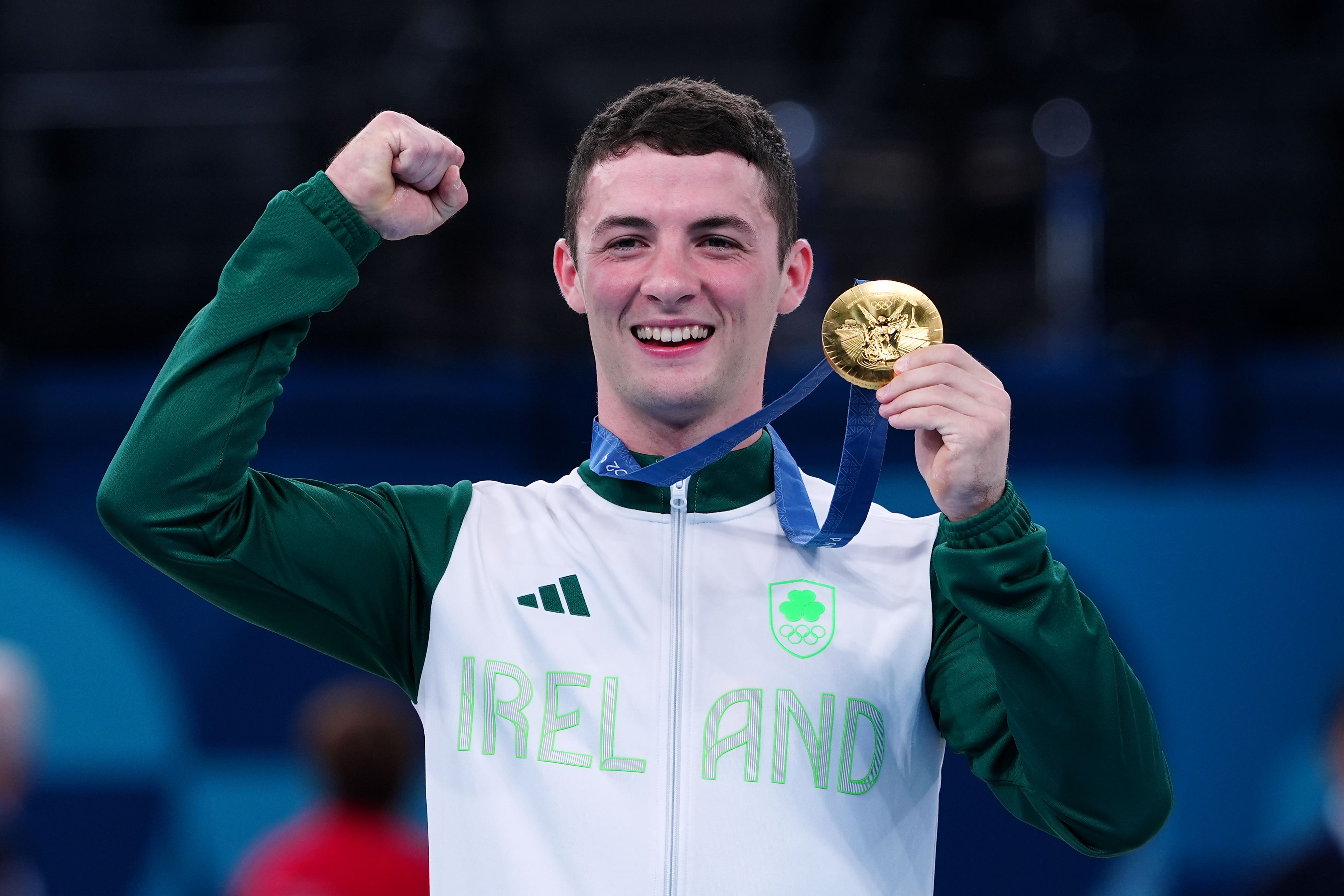 Ireland’s Rhys McClenaghan receives his gold medal during the ceremony for the Men’s Pommel Horse Final (Peter Byrne/PA)