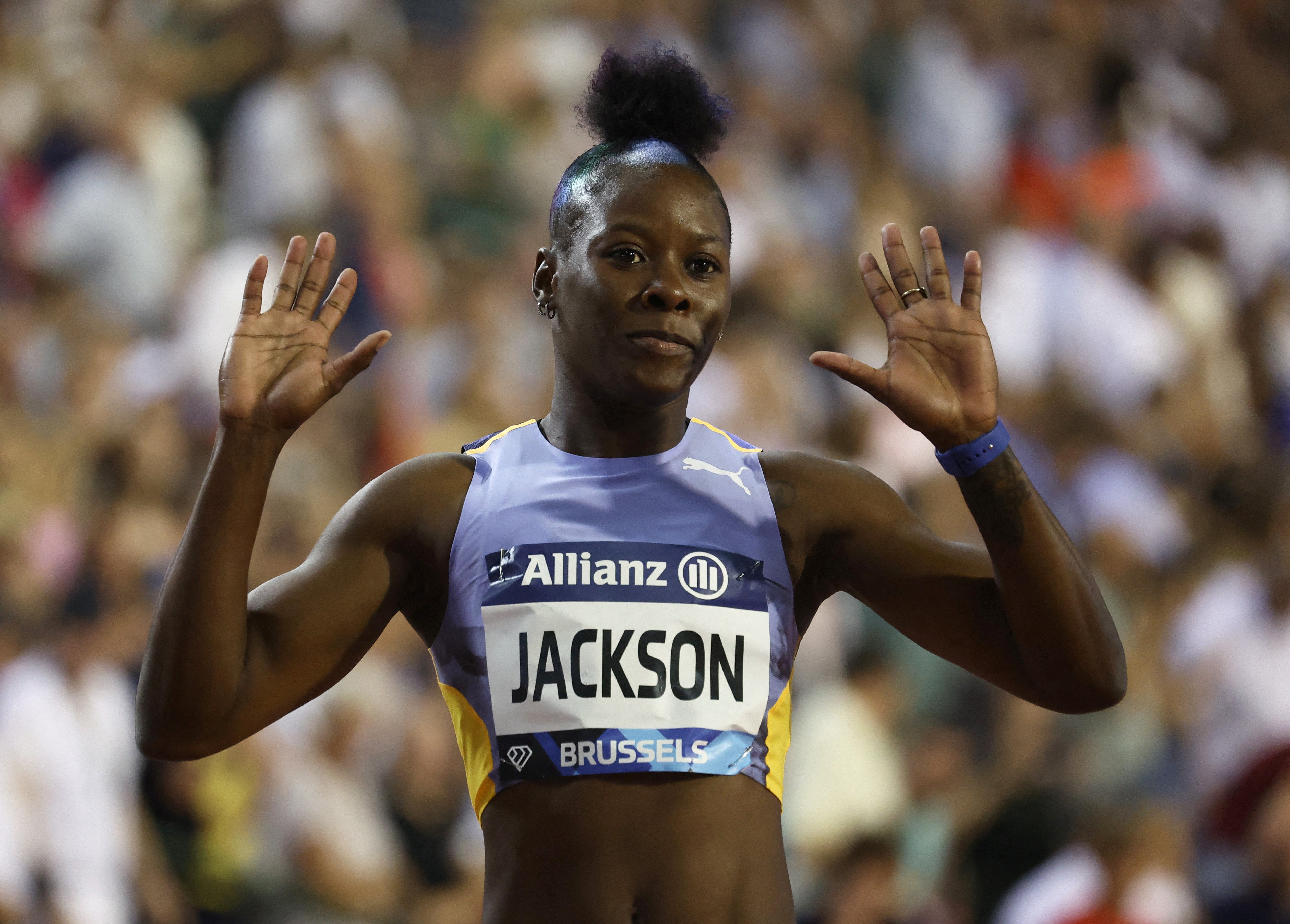 Jamaica’s Shericka Jackson celebrates winning the women’s 200m in the Diamond League last September