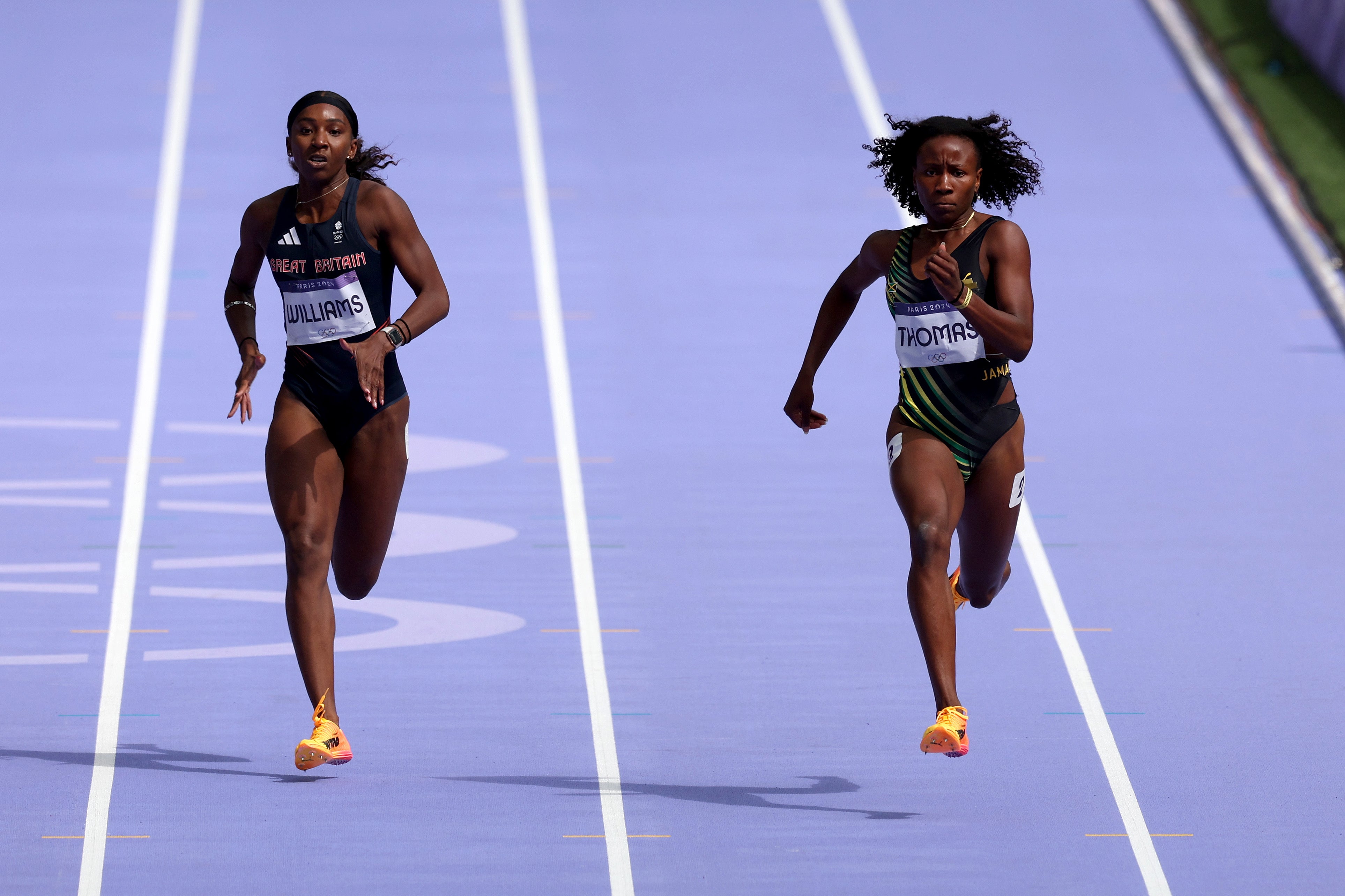 Bianca Williams of Team Great Britain and Lanae-Tava Thomas of Team Jamaica compete at Paris 2024