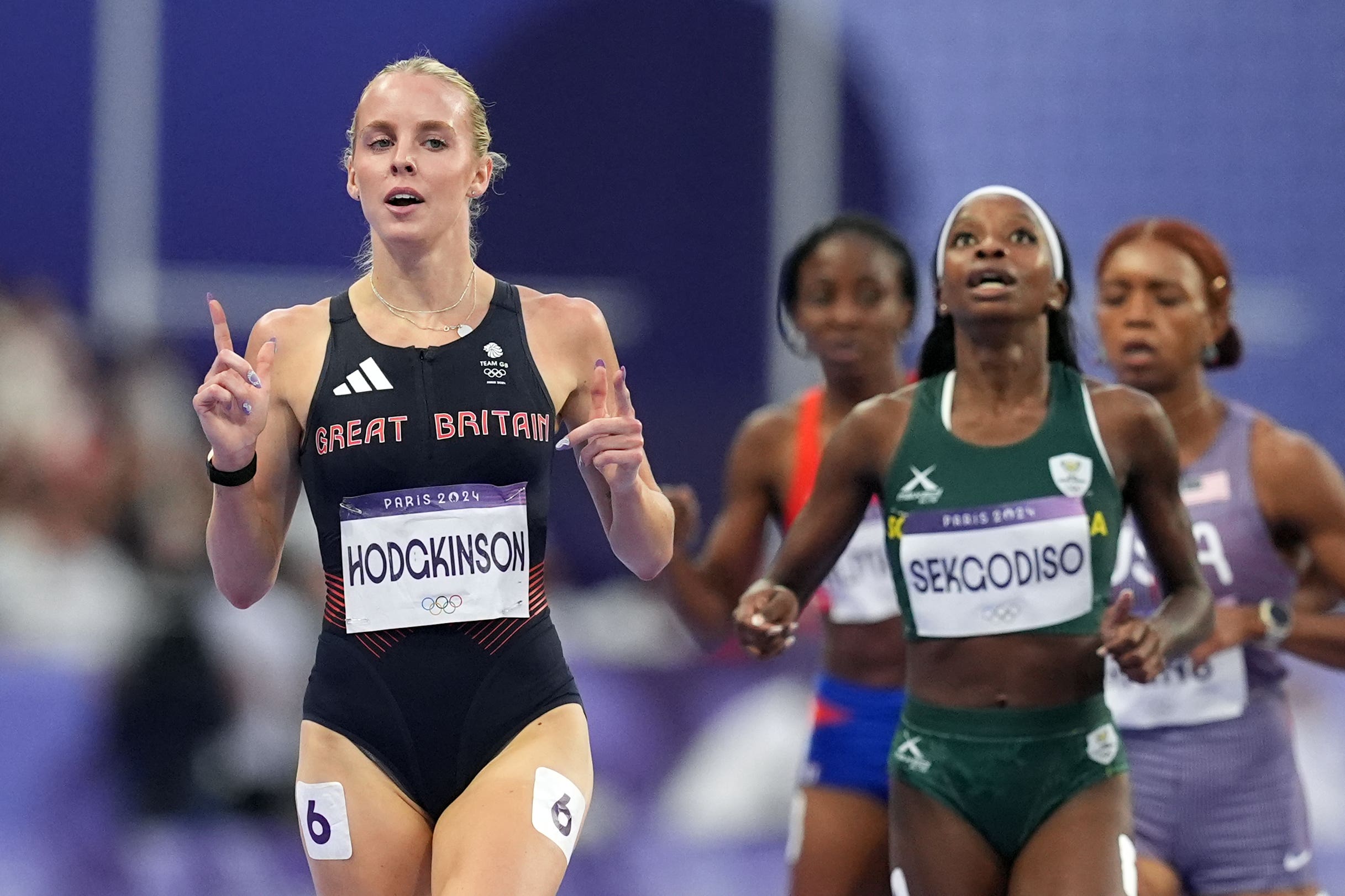 Great Britain’s Keely Hodgkinson signals number one after winning her semi-final to book her place in Monday’s final (Martin Rickett/PA).